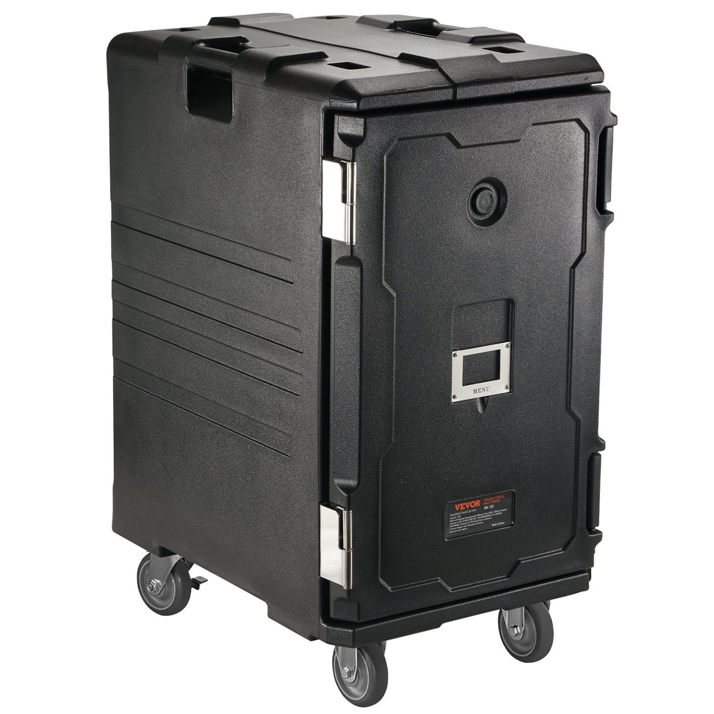 Insulated Food Pan Carrier, 109 Qt Hot Box for Catering, LLDPE Food Box Carrier w/Double Buckles, Front Loading Food Warmer w/Handles, End Loader w/Wheels for Restaurant, Canteen, etc. Black