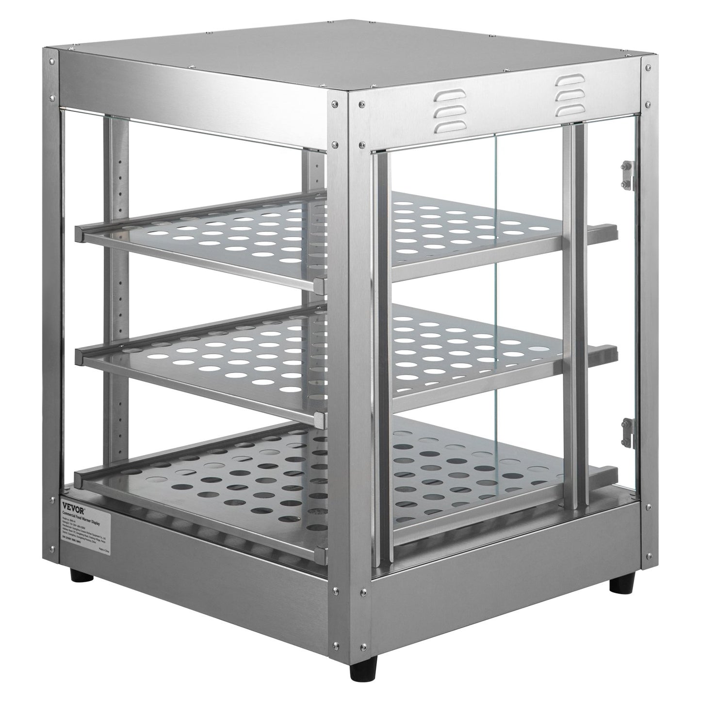 Commercial Food Warmer Display, 3 Tiers, 800W Pizza Warmer with 3D Heating 3-Color Lighting Bottom Fan, Countertop Pastry Warmer with Temp Knob & Display 0.6L Water Tray, Stainless Frame Glass D