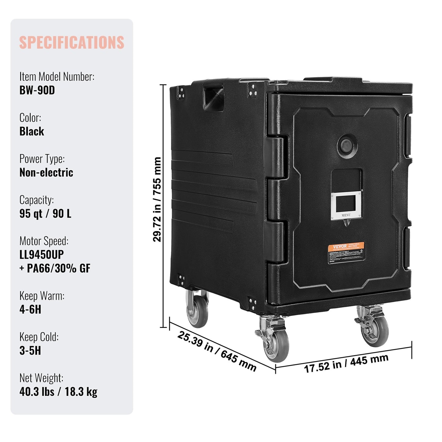 Insulated Food Pan Carrier, 95 Qt Hot Box for Catering, Food Box Carrier with Buckle, Front Loading Food Warmer with Handles, End Loader with Wheels for Restaurant, Canteen