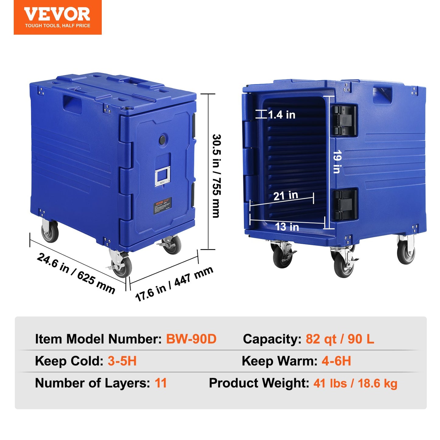 Insulated Food Pan Carrier, 82 Qt Hot Box for Catering, LLDPE Food Box Carrier w/One-Piece Buckle, Front Loading Food Warmer w/Handles, End Loader w/Wheels for Restaurant, Canteen, etc. Blue