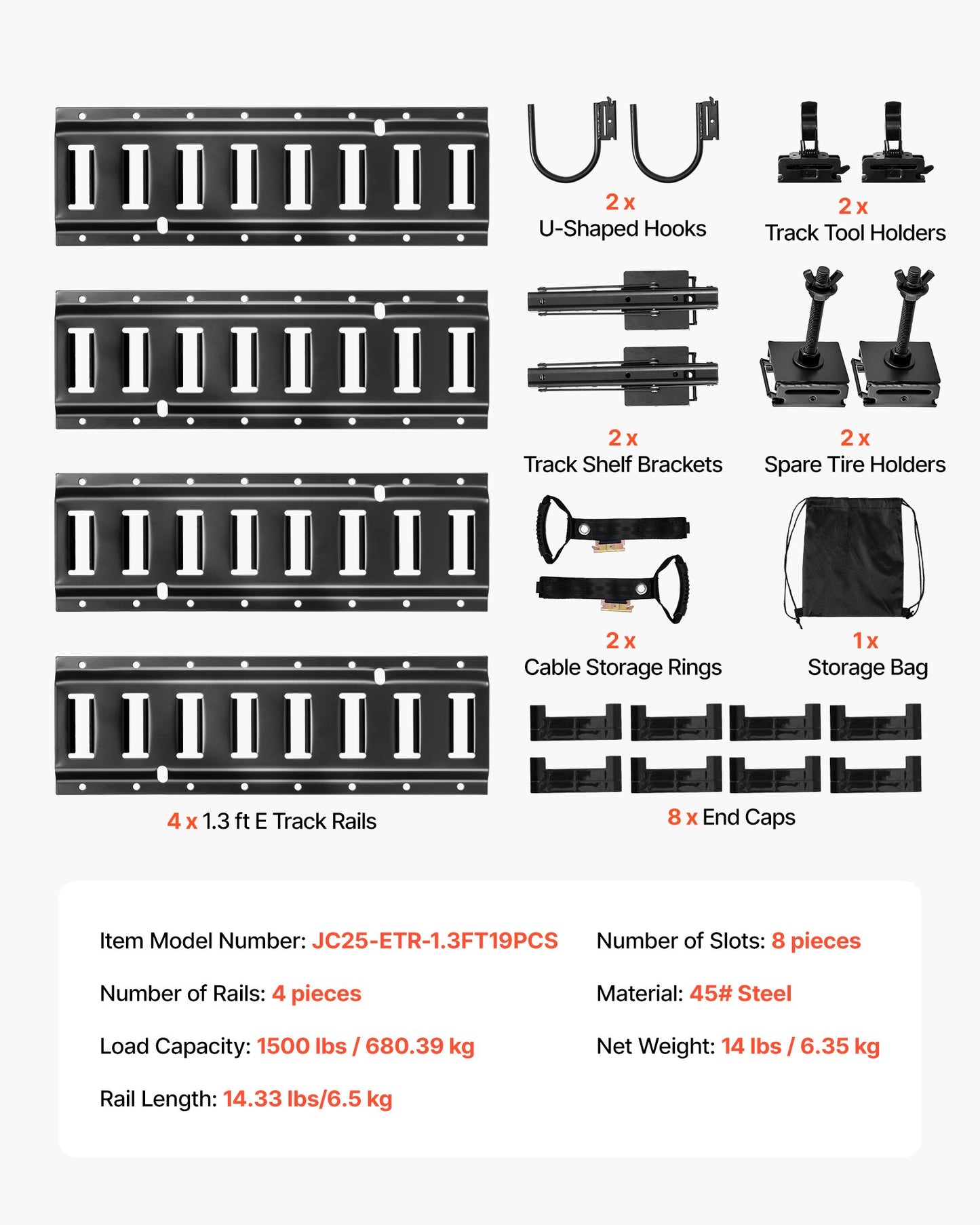 E-Track Tie-Down Rail Kit, 4 Pack 1.3 ft E Track Rails, 2 U-Shaped Hooks, 2 Tool Holders, 2 Track Shelf Brackets, 2 Tire Holders, 2 Cable Storage Rings, 8 End Caps & 1 Bag, Fit for Vans Trailers