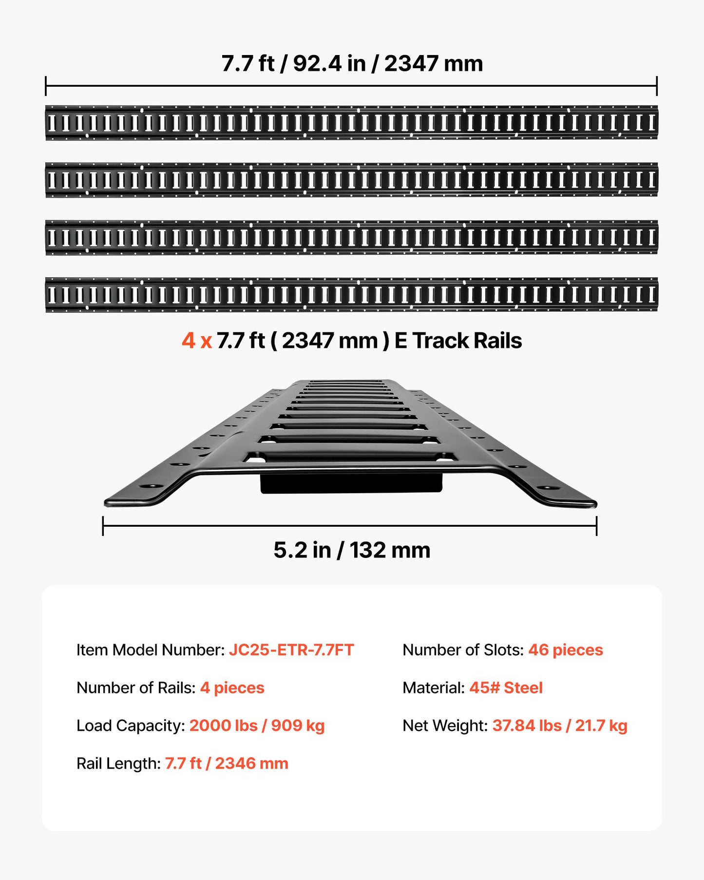 E-Track Tie-Down Rails, 4 Pack, 7.7 ft E Track Rails Secures Cargo & Heavy Loads Up to 2,000 lbs, Trailer Tie-Down System Suitable for Garages, Vans, Motorcycle Tie Downs, ATV Mountings