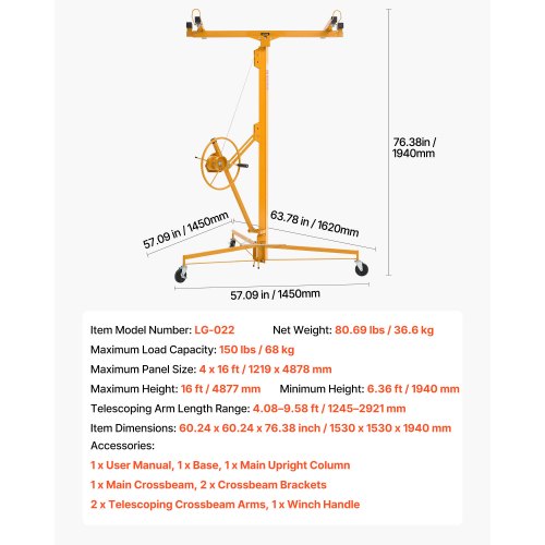 4877 mm gipslyft, kraftig 68 kg gipskivotlyft med justerbar teleskoparm, låsbara hjul, gipslyft, paneldomkraft, lyftverktyg, idealisk för tak- och vägginstallation (gul) | EU