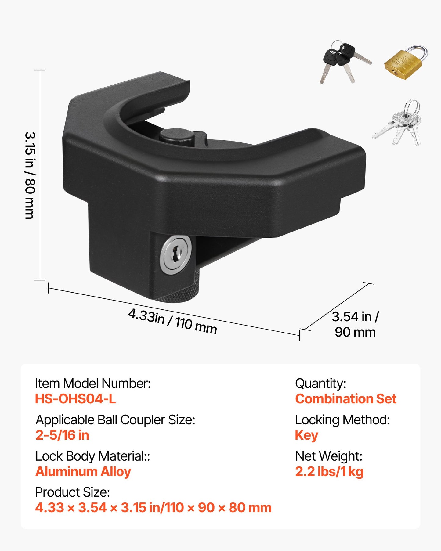Trailer Hitch Lock Kit, Compatible with 2-5/16 in Couplers, Heavy-Duty Anti-Theft Trailer Ball Lock with 3 Keys & Padlock, Prying-Resistant & Impact-Resistant, Fits for RVs, Boats, Trailers