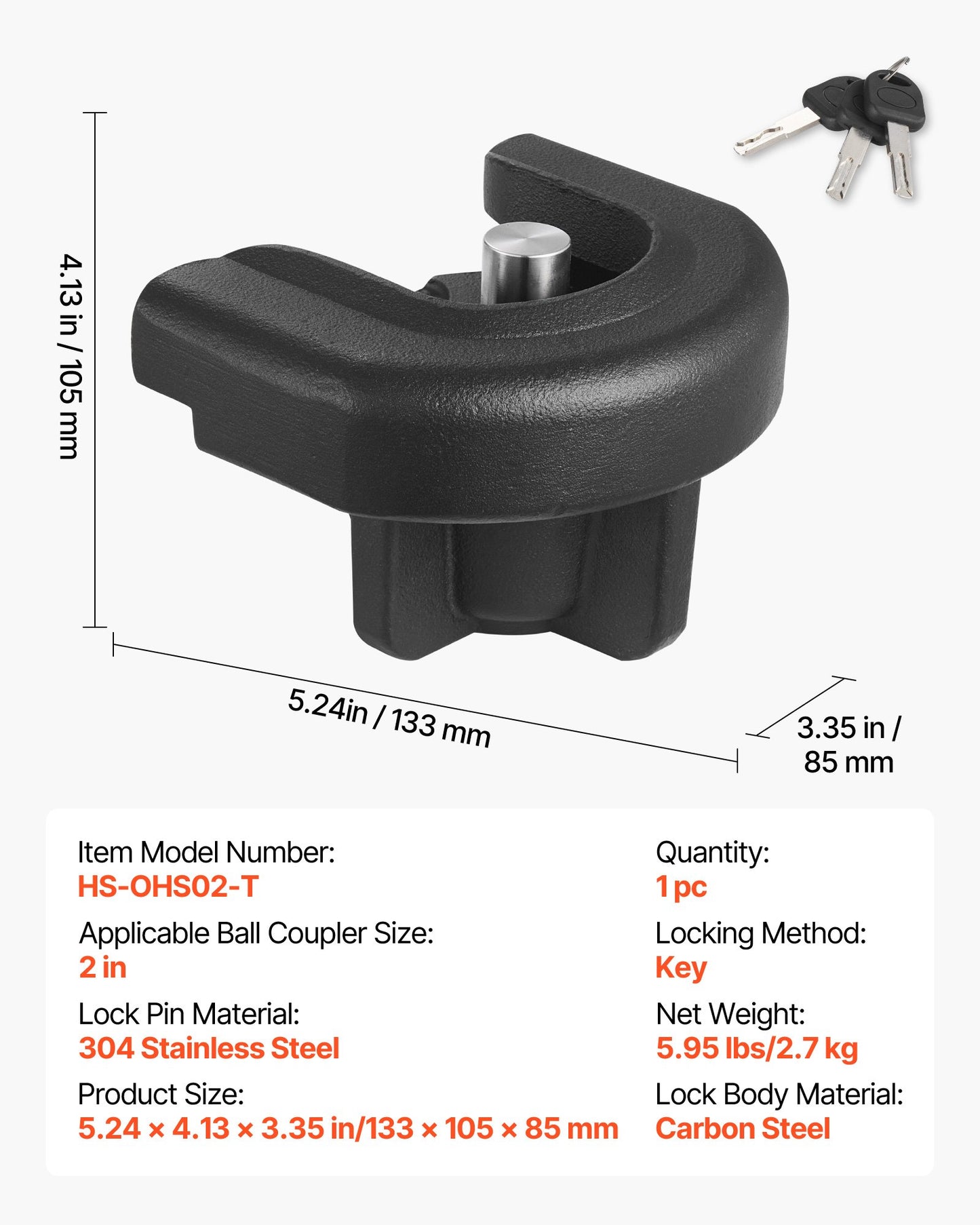 Trailer Hitch Lock, Compatible with 2 Inch Couplers, Heavy-Duty Anti-Theft Trailer Ball Lock with 3 Keys, Prying-Resistant & Impact-Resistant, Fits for RVs, Boats, Off-Road Vehicles, Trailers