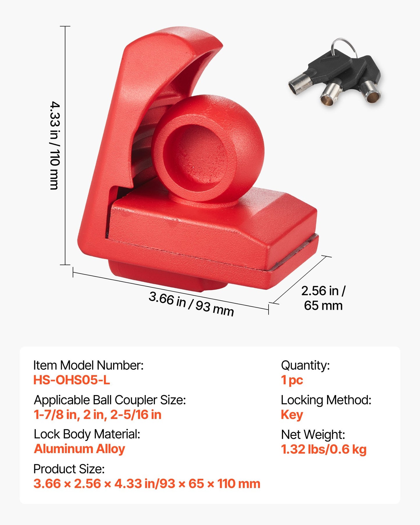 Trailer Hitch Lock, Fits for 1-7/8 in, 2 in, 2-5/16 in Couplers, Heavy-Duty Anti-Theft Trailer Ball Lock with 3 Keys, Prying-Resistant & Impact-Resistant, Fits for RVs, Boats, Trailers, Red