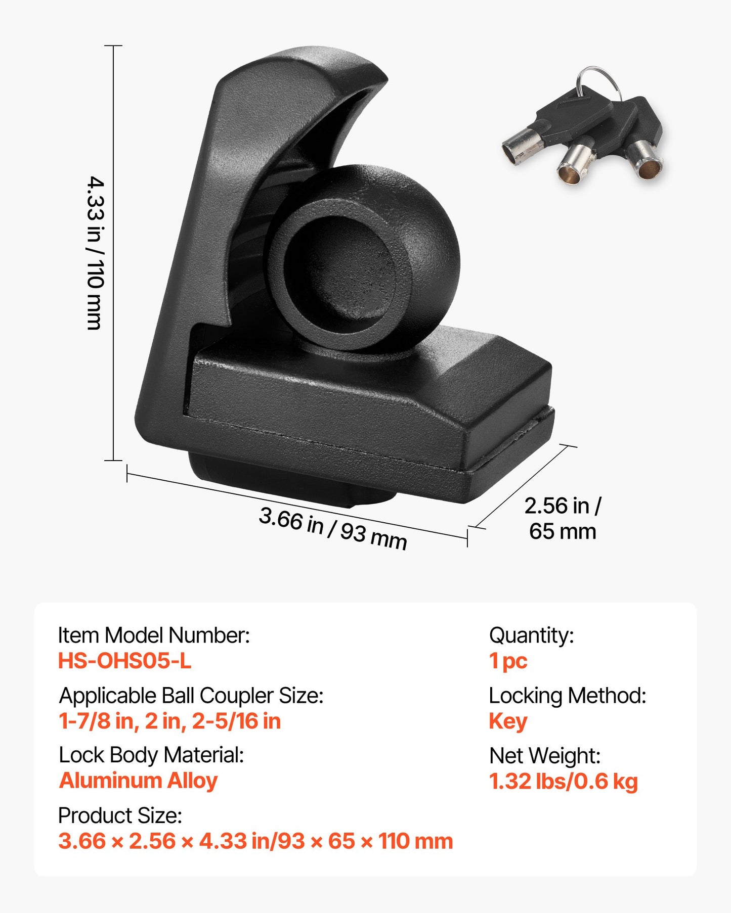 Trailer Hitch Lock, Fits for 1-7/8 in, 2 in, 2-5/16 in Couplers, Heavy-Duty Anti-Theft Trailer Ball Lock with 3 Keys, Prying-Resistant & Impact-Resistant, Fits for RVs, Boats, Trailers, Black