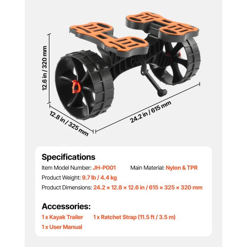 Kajakvagn, 136,1 kg lastkapacitet, Hopfällbar kajakvagn med 25,4 cm massiva gummidäck och 1 spärrrem, Paddleboardvagn för att bära kajaker, kanoter, paddleboards, flytmattor, Jon Boats | EU