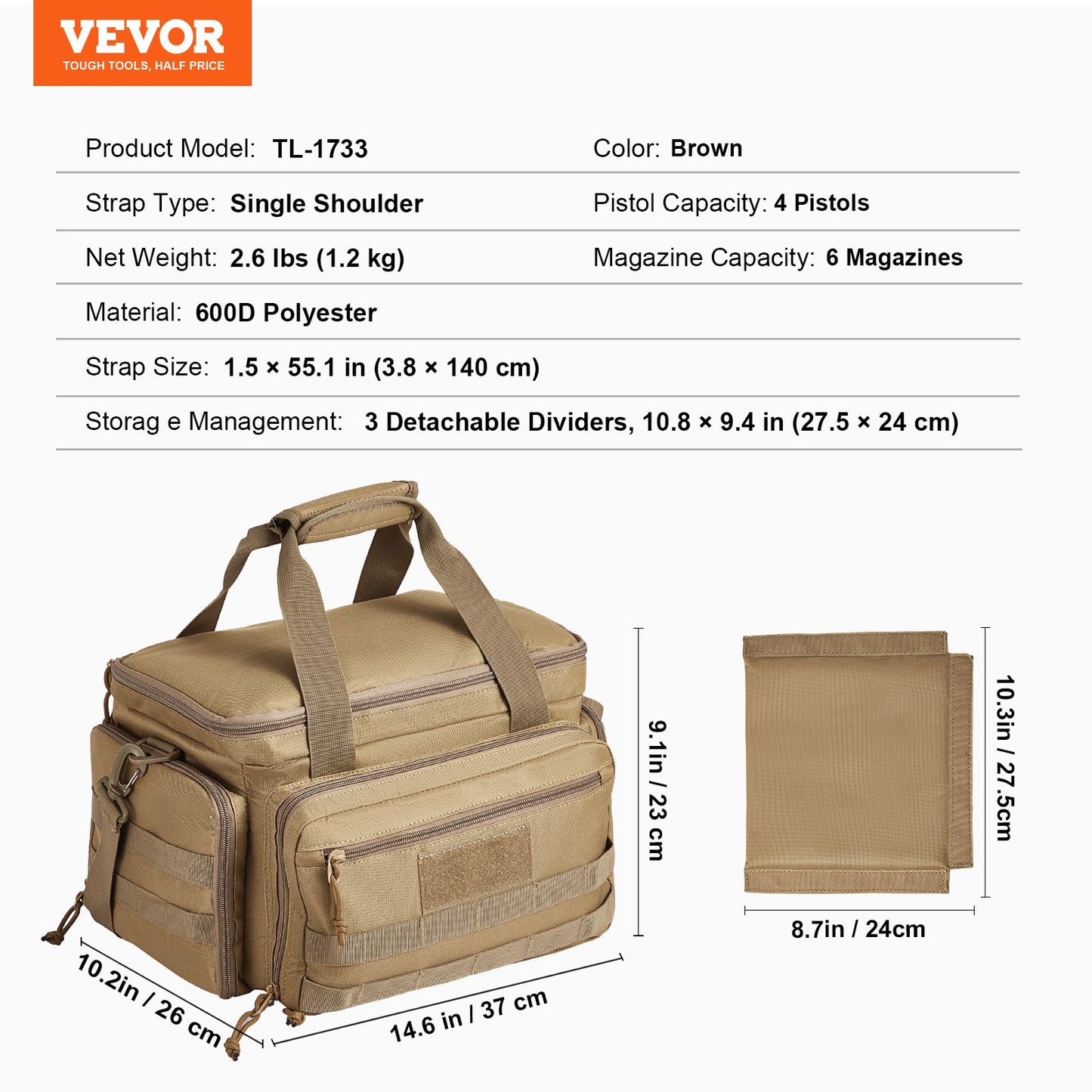 Range Bag for 4 Pistols Tactical Gun Range Bag Single Shoulder Strip Brown