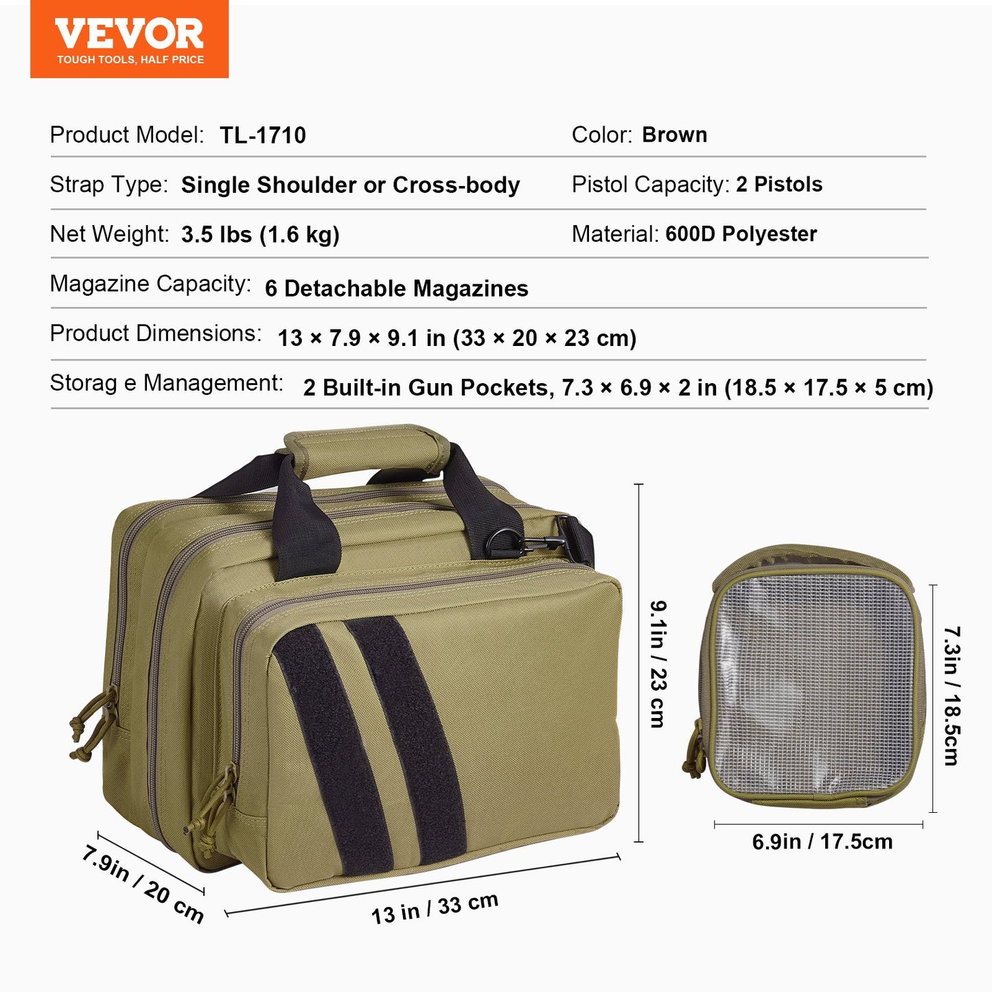 Range Bag for 2 Pistols Tactical Gun Bag 2 Built-in Pistol Bags Brown,Range Bag for Handguns Gun Case Bag with Lockable Zipper for Shooting Range Outdoor Hunting