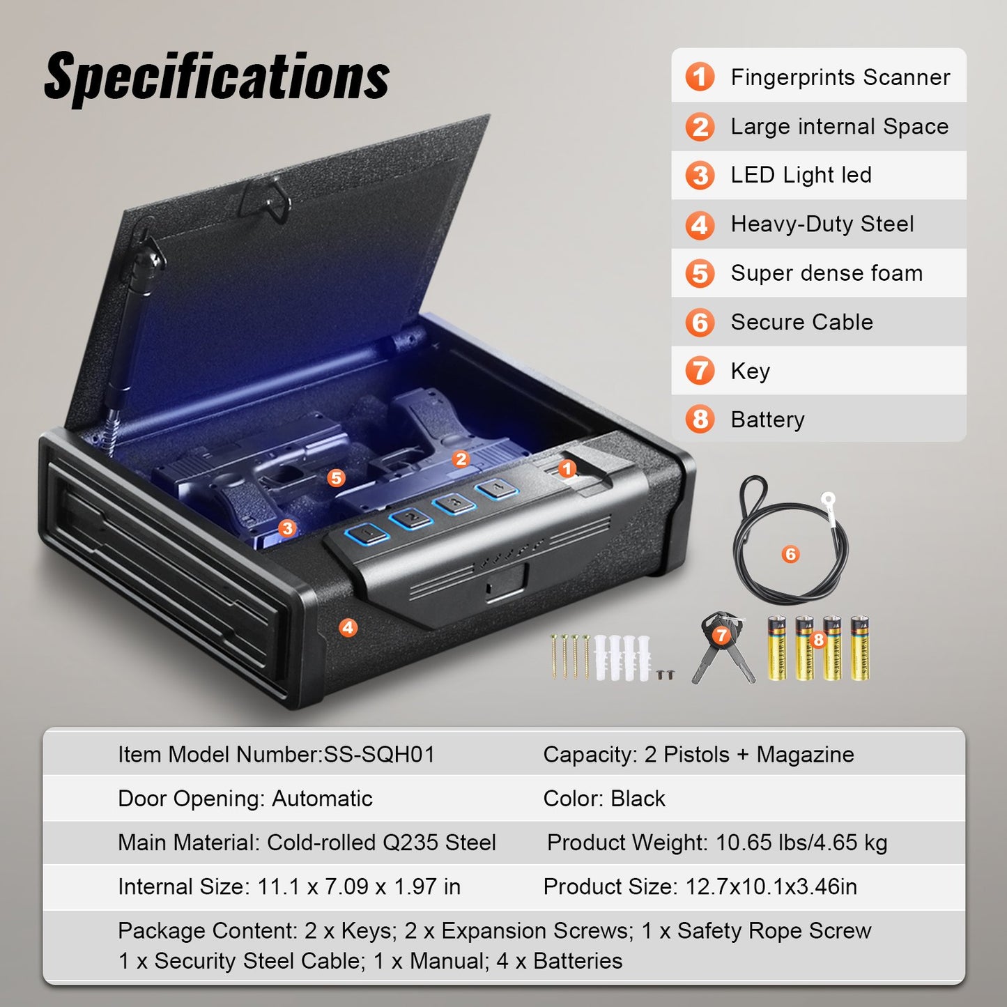Gun Safe for Pistols, Biometric Gun Safe with Three Quick Access Ways of Fingerprints, Passwords and Keys, Handgun Safe for 2 Pistols for Home, Bedside, Nightstand, Car