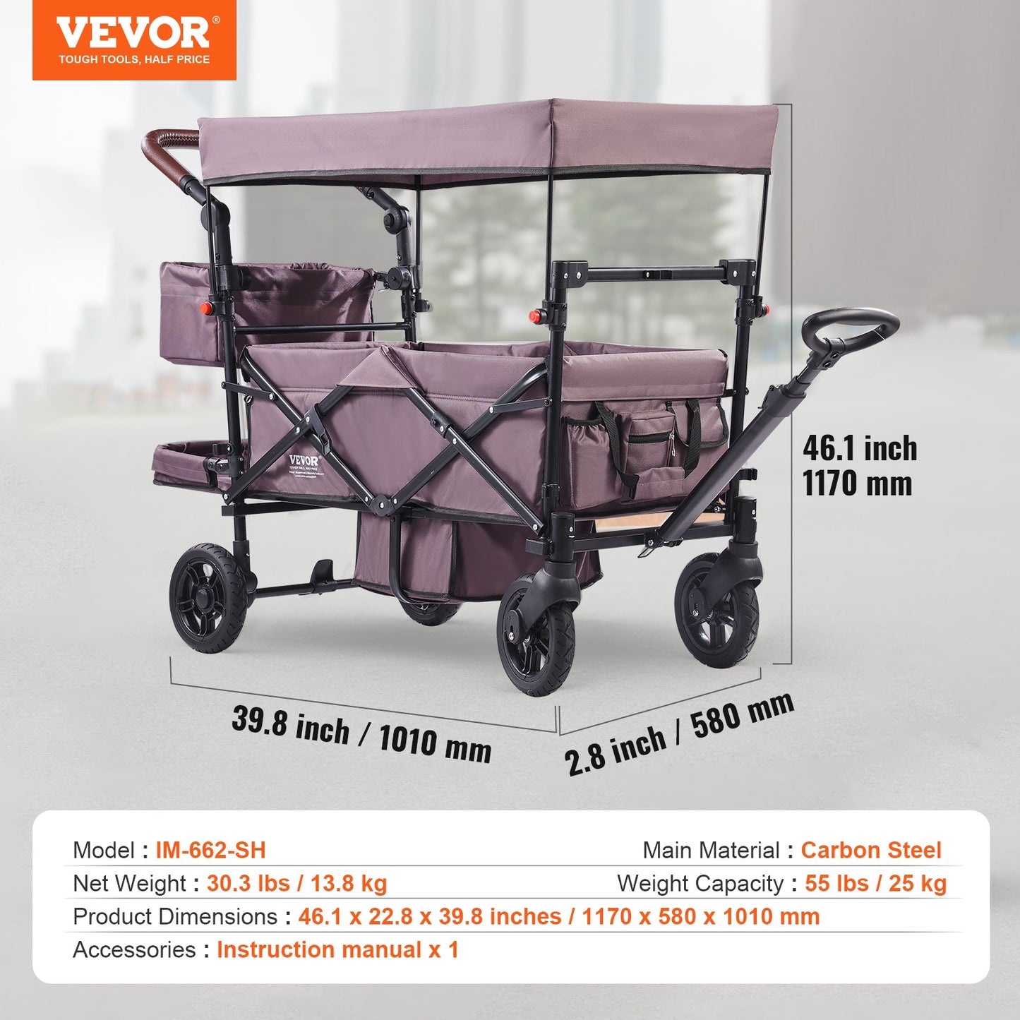 Wagon Stroller for 2 Kids, Push Pull Quad Collapsible Stroller with Adjustable Handle, Encircling Harness Removable Canopy,4 Wheels w/ Brakes,Mutifunction Tandem Stroller for Camping Dark Purple