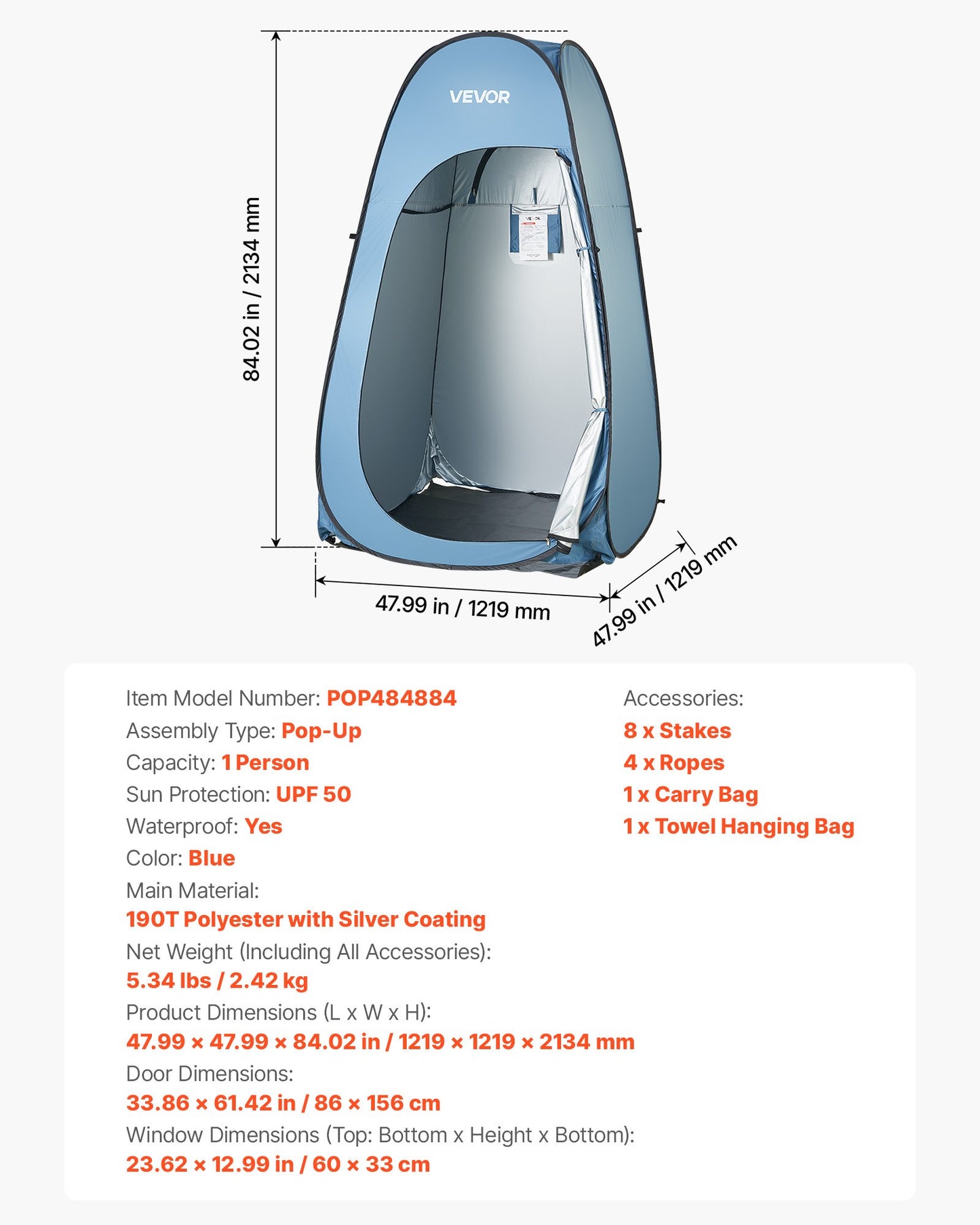 Pop up Shower Tent, Instant Portable Privacy Tent Changing Room with Hanging Bag, Ground Stakes, Ropes, Carry Bag, 190T Polyester with Silver Coating, Quick Setup, for Camping, Beach, Fishing