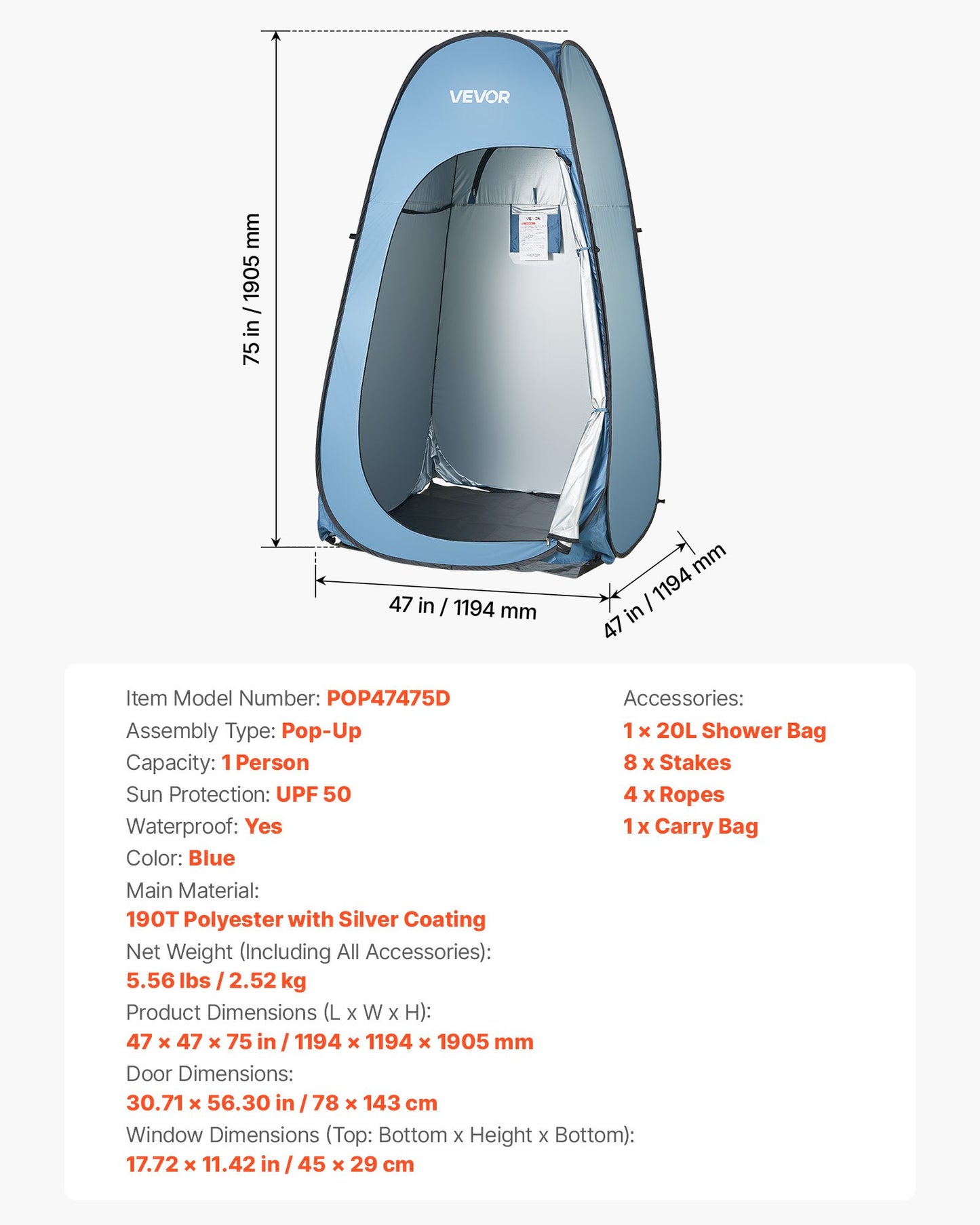 Pop up Shower Tent, Instant Portable Privacy Tent Changing Room with Shower Bag, Ground Stakes, Ropes, Carry Bag, 190T Polyester with Silver Coating, Quick Setup, for Camping, Beach, Fishing