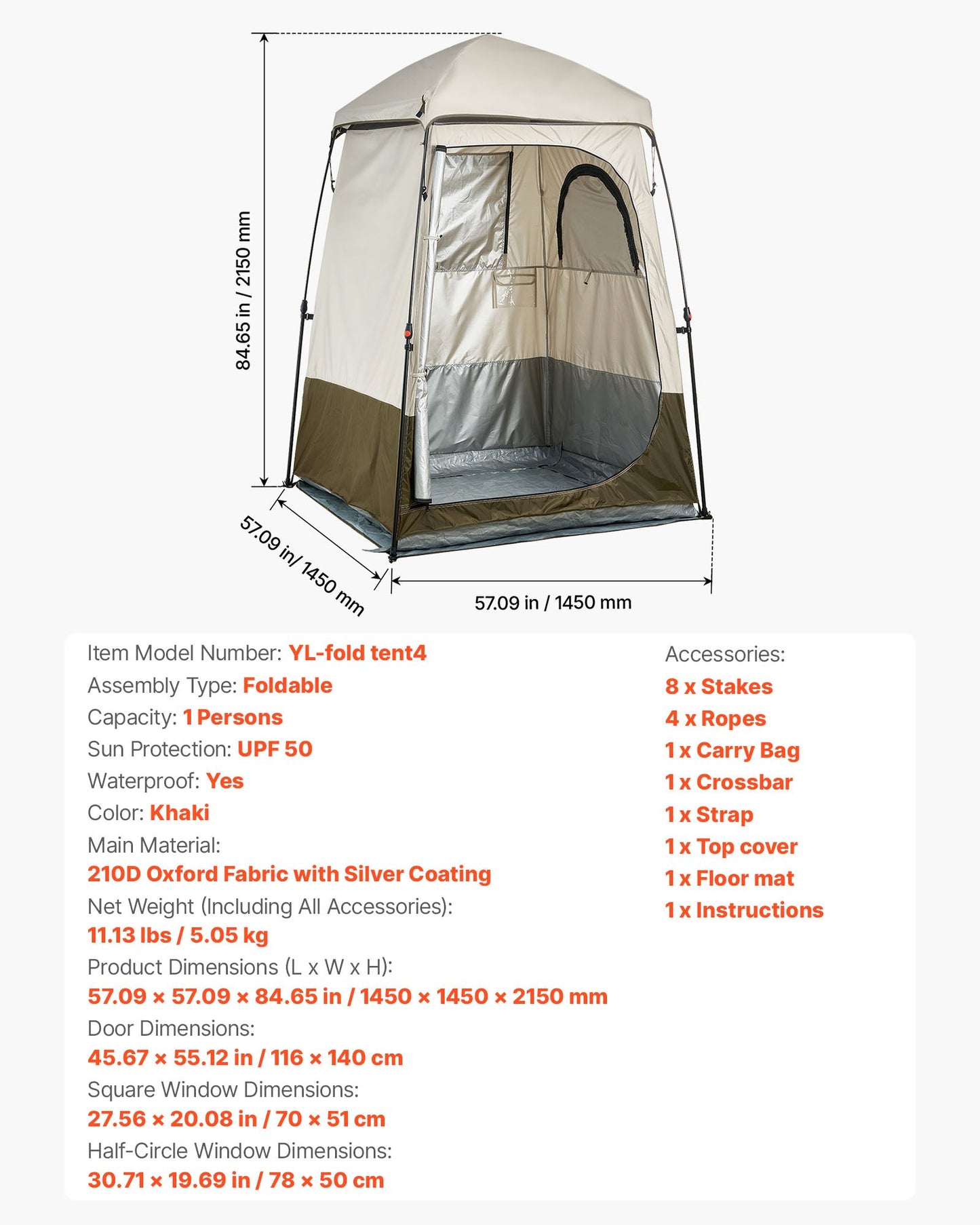 Camping Shower Tent, 1 Room, Foldable Privacy Tent Changing Room with Ground Stakes, Ropes, Carry Bag, and Crossbar, 210D Oxford Fabric with Silver Coating, for Camping, Beach, and Fishing