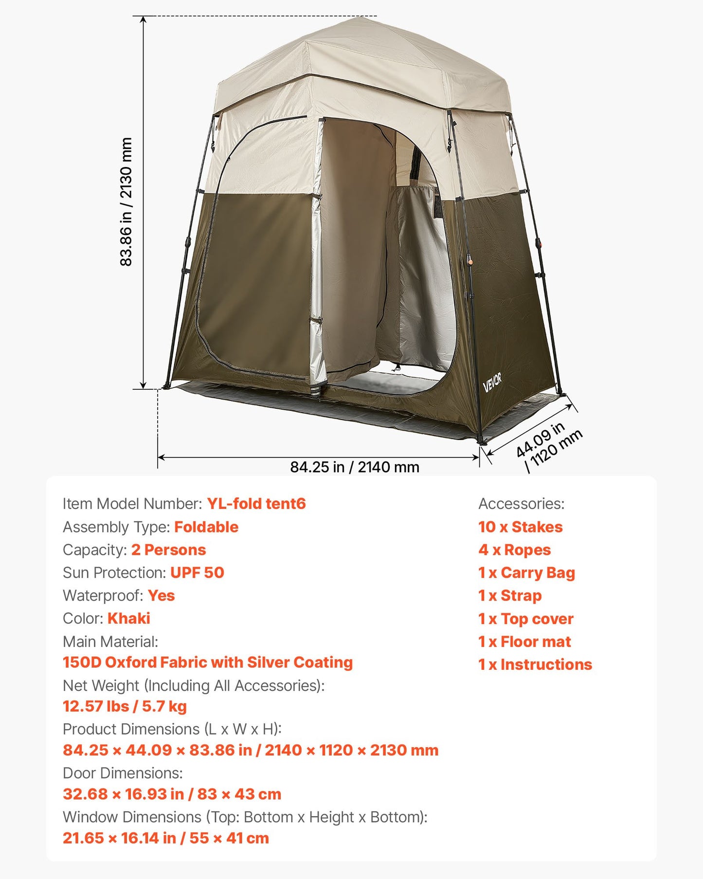 Camping Shower Tent, 2-Room Foldable Portable Privacy Tent Changing Room with Ground Stakes, Ropes, and Carry Bag, 150D Oxford Fabric with Silver Coating, for Camping, Beach, and Fishing
