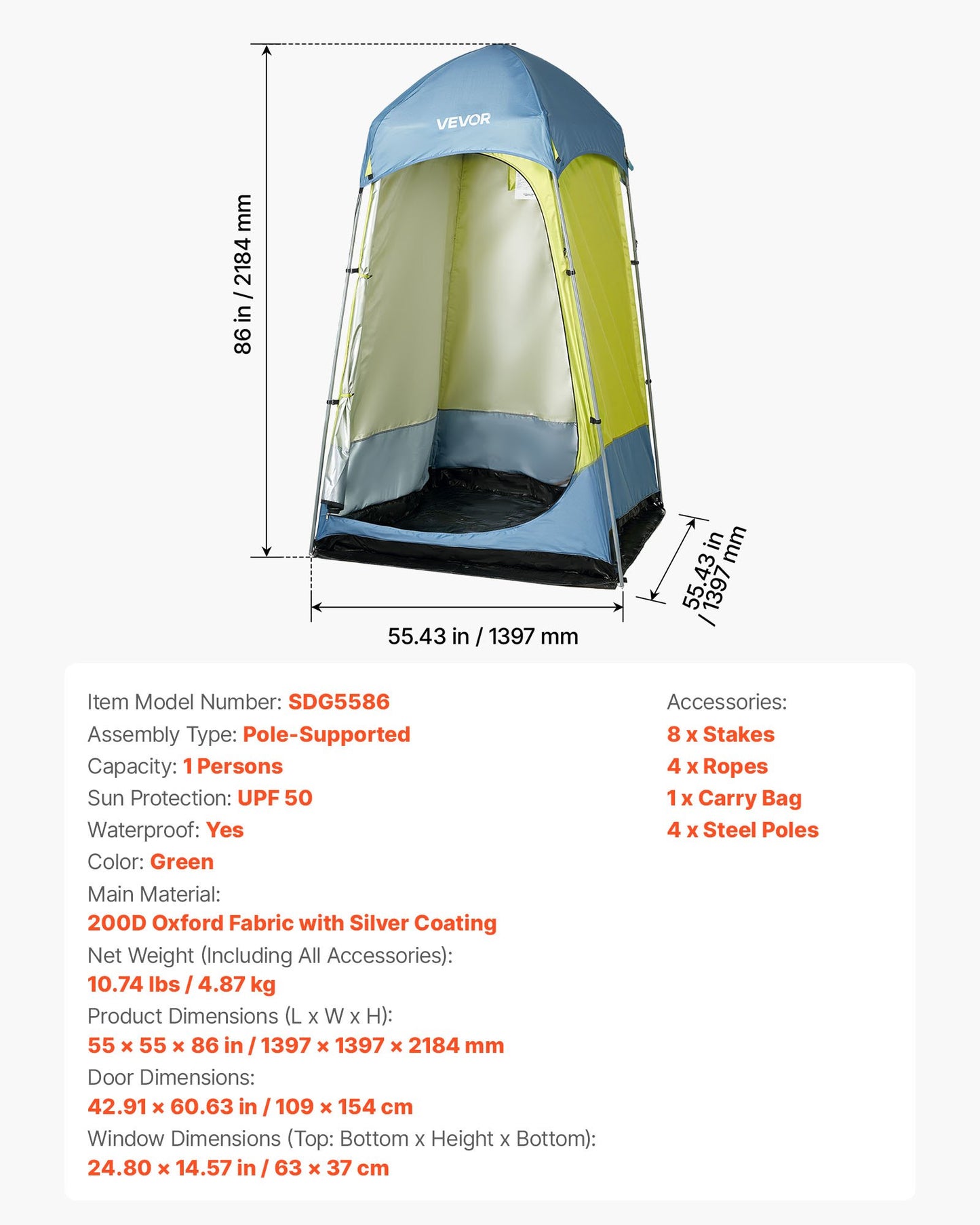 Camping Shower Tent, 1 Room, Portable Privacy Tent Changing Room with Ground Stakes, Ropes, Carry Bag, and Steel Poles, 200D Oxford Fabric with Silver Coating, for Camping, Beach, Fishing
