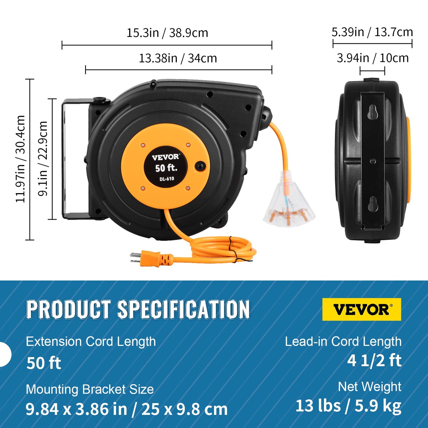 50ft Retractable Extension Cord Reel 14AWG/3CSJTOW Power Cord Reel