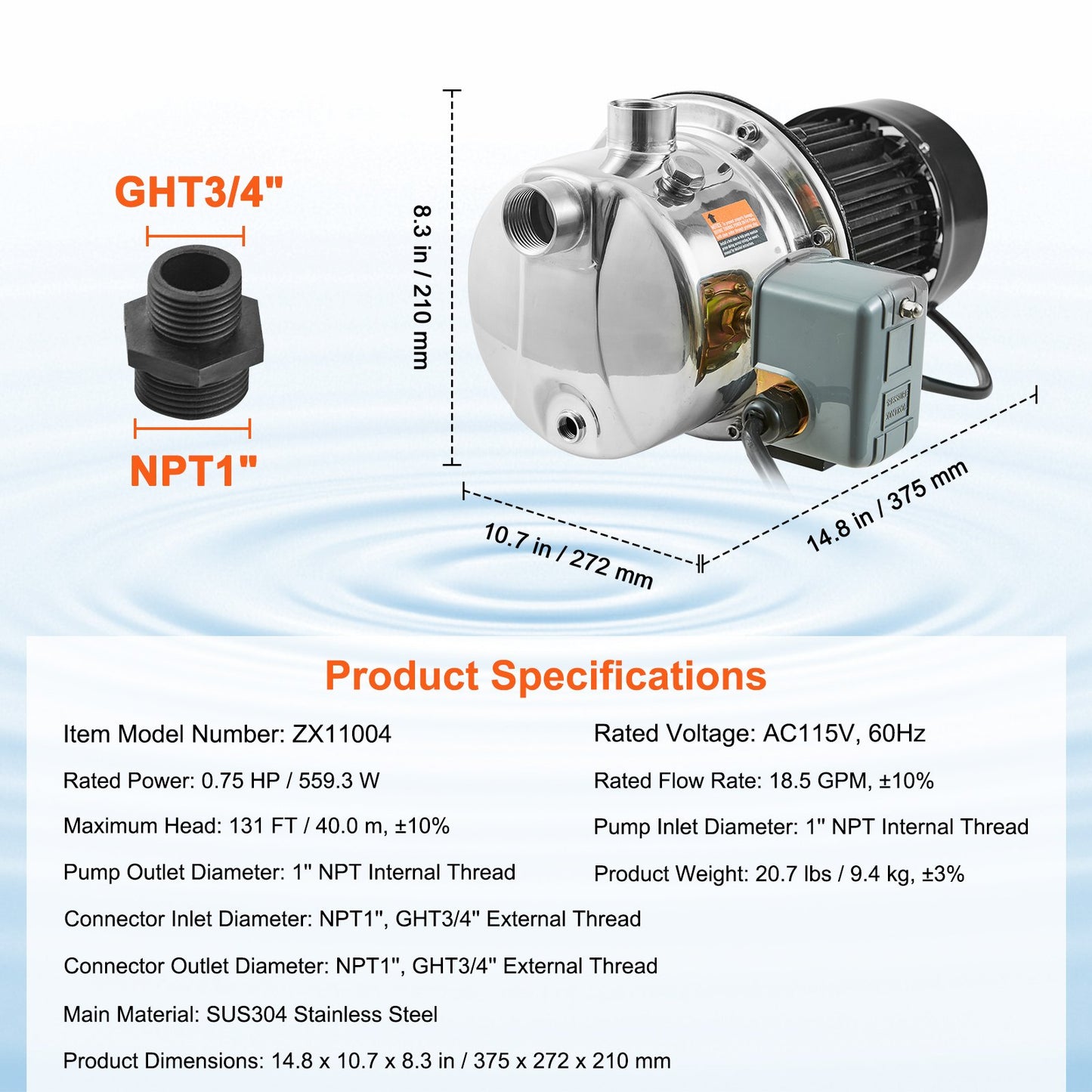 3/4HP SUS304 Stainless Steel Shallow Well Jet Pump, 115 Volt, 18.5 GPM 131 FT Maximum Head Irrigation Water Pump, for Agricultural Garden Irrigation System High-Rise Water Supply Shower Booster