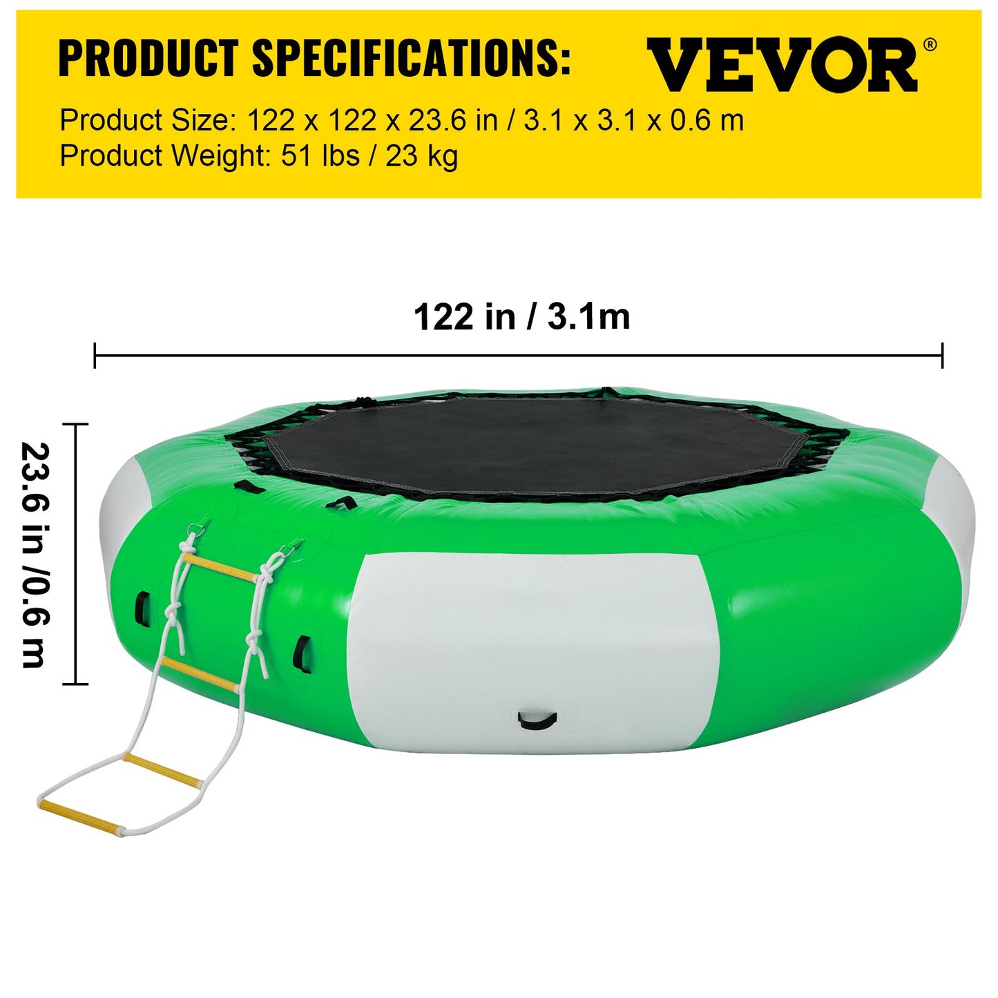 Inflatable Water Trampoline, 10ft Recreational Water Bouncer with Escalator, Round Inflatable Water Trampoline in Green and White, Floating Trampoline for Lakes, Pools, Calm Sea