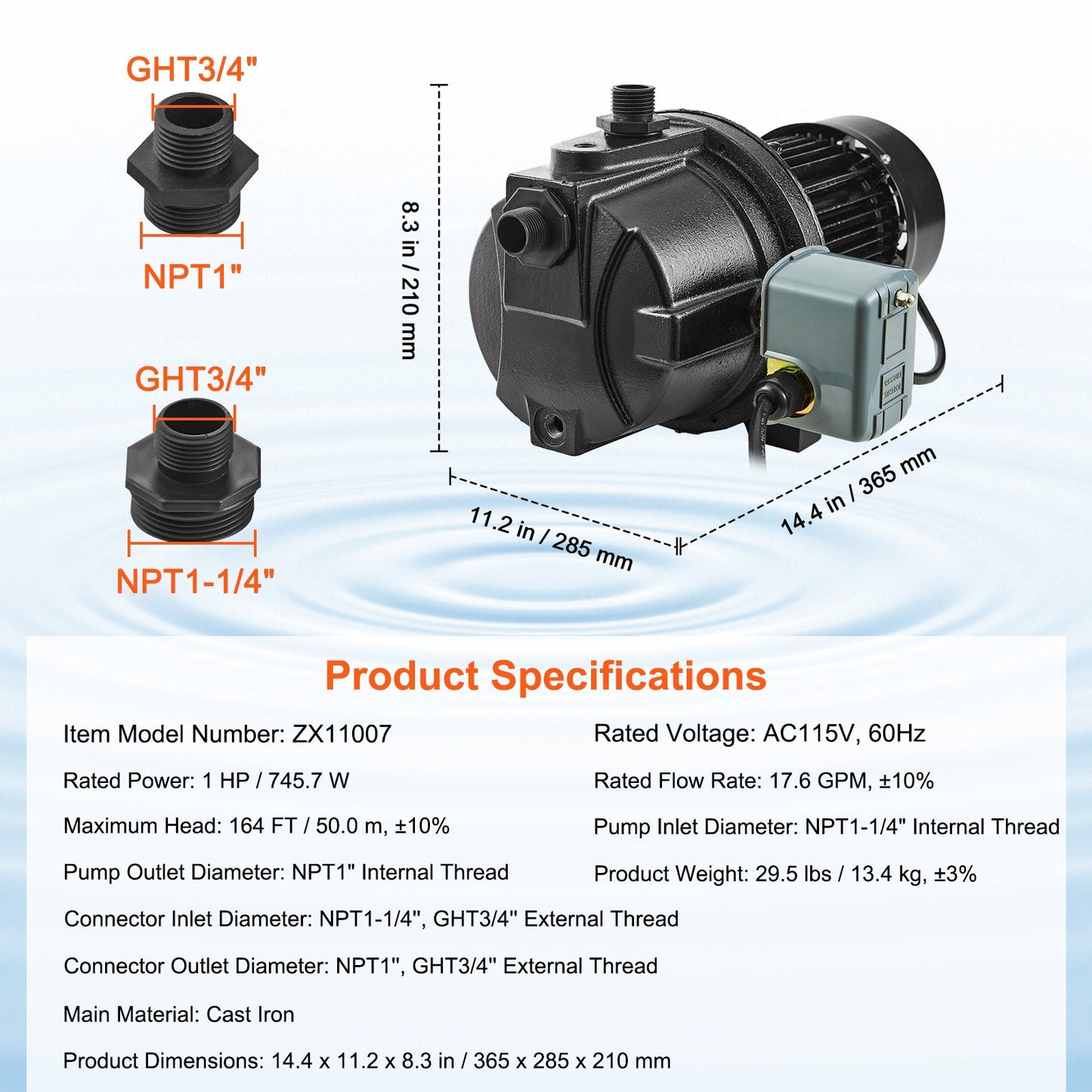 1HP Premium Cast Iron Shallow Well Jet Water Pump, 115 Volt, 17.6 GPM 164 FT Maximum Head Irrigation Water Pump, for Agricultural Garden Irrigation System High-Rise Water Supply Shower Booster