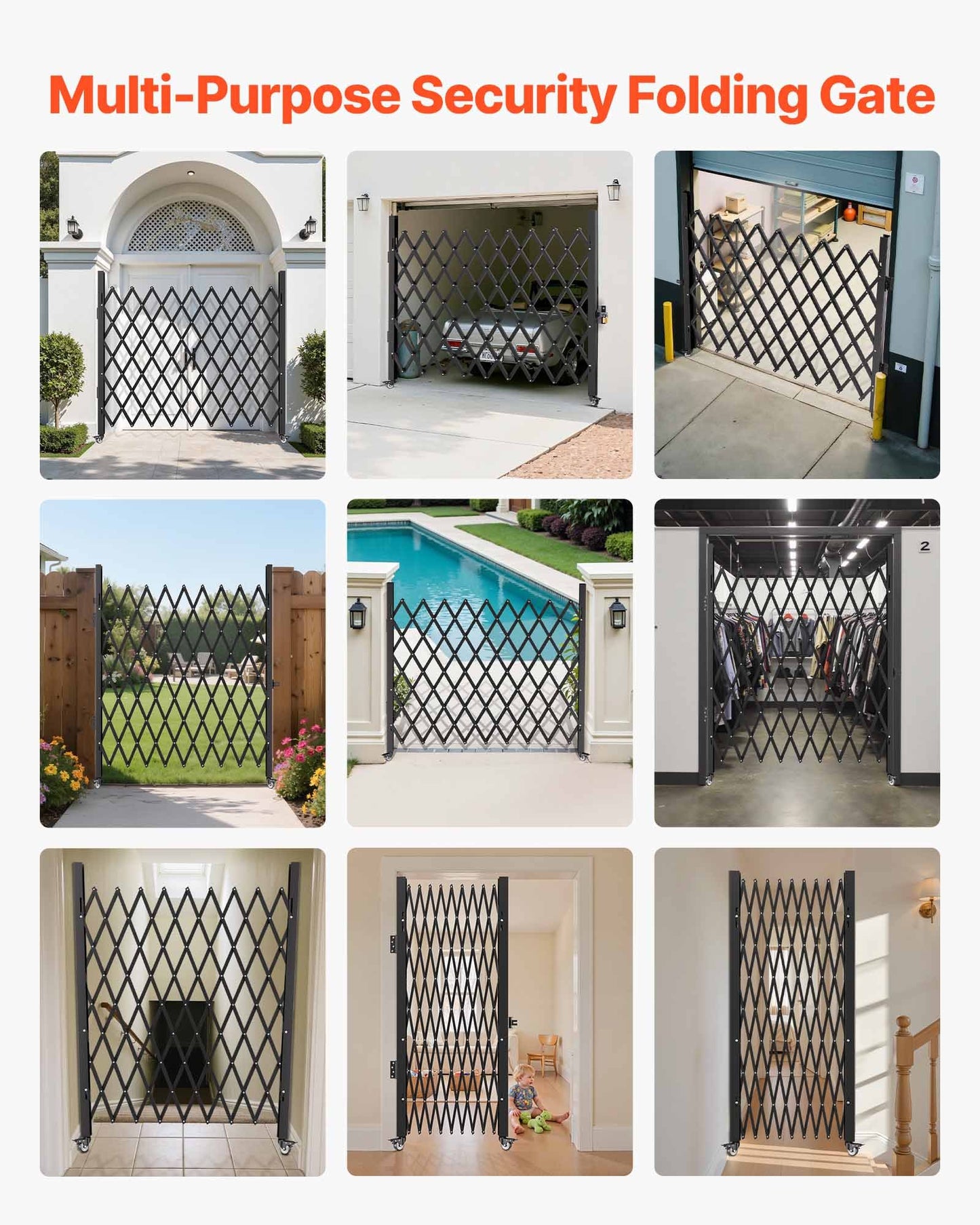 Single Folding Security Gate, 6-1/2\' H x 7-1/2\' W Folding Door Gate, Steel Accordion Security Gate, Flexible Expanding Security Gate, 360° Rolling Barricade Gate, Scissor Gate/Door with Padloc