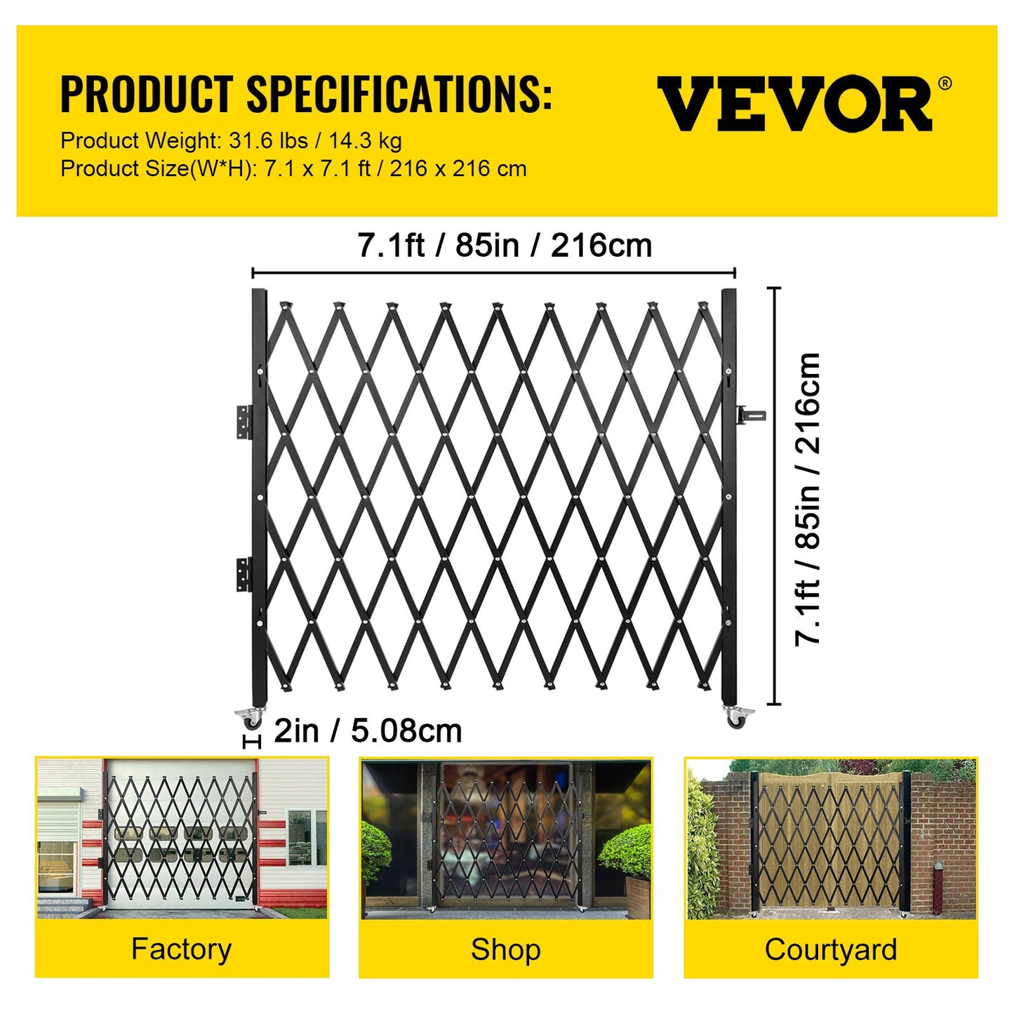 Single Folding Security Gate, 7\' H x 6-1/2\' W Folding Door Gate, Steel Accordion Security Gate, Flexible Expanding Security Gate, 360° Rolling Barricade Gate, Scissor Gate/Door with Padlock