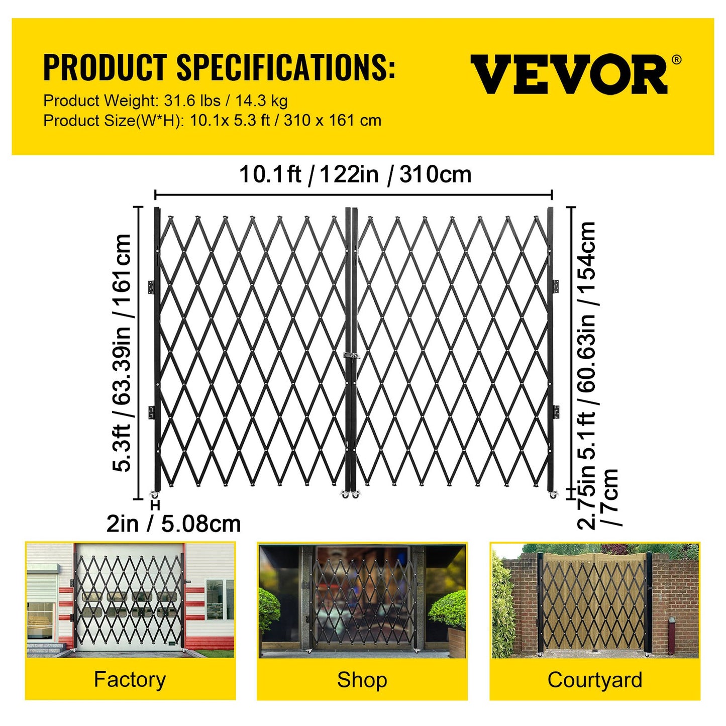 Double Folding Security Gate, 5\' H x 10\' W Folding Door Gate, Steel Accordion Security Gate, Flexible Expanding Security Gate, 360° Rolling Barricade Gate, Scissor Gate or Door with Keys