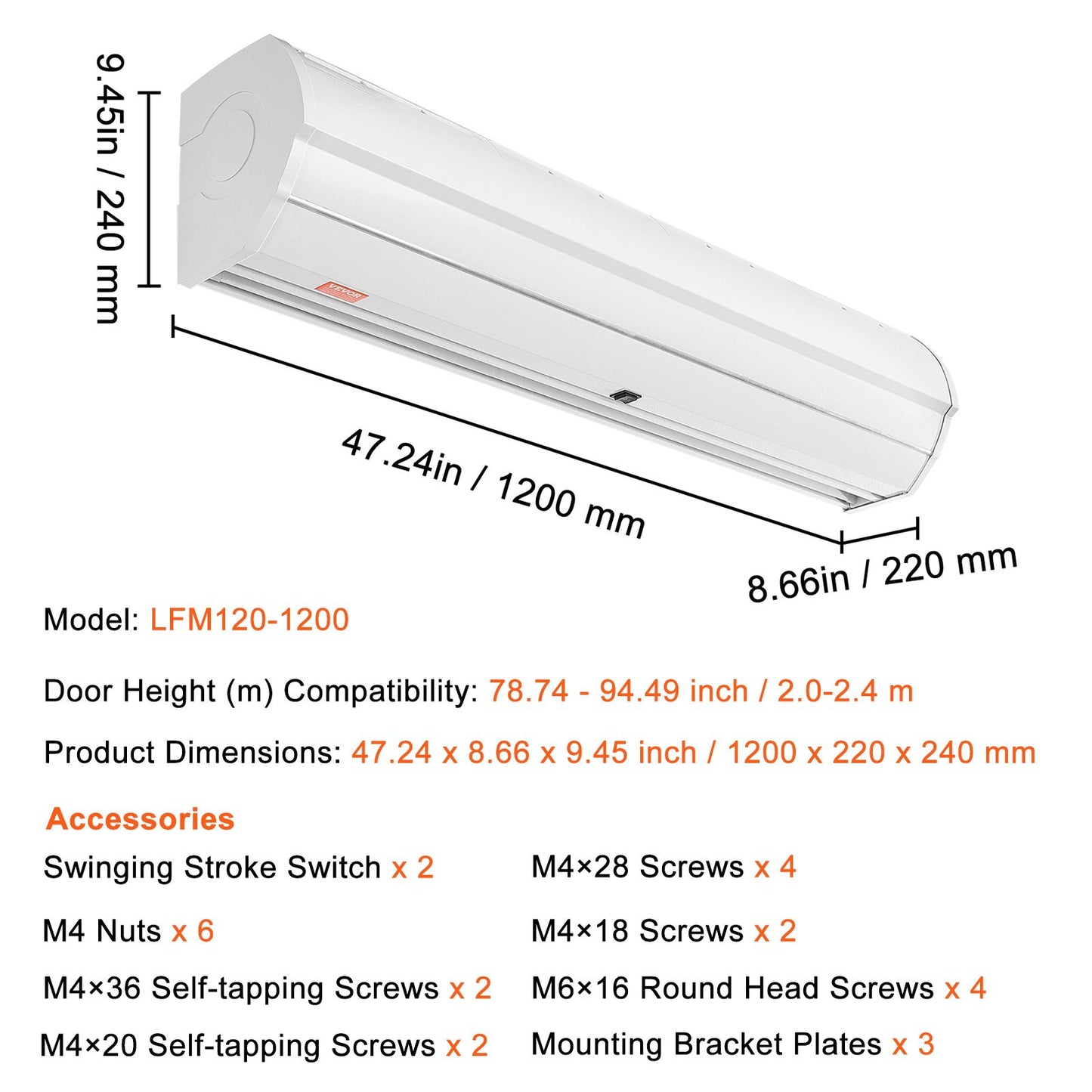 48" Commercial Indoor Air Curtain Super Power 2 Speeds 1200CFM, Wall Mounted Air Curtains for Doors, Indoor Over Door Fan with Heavy Duty Limit Switch, Easy-Install 110V Unheated