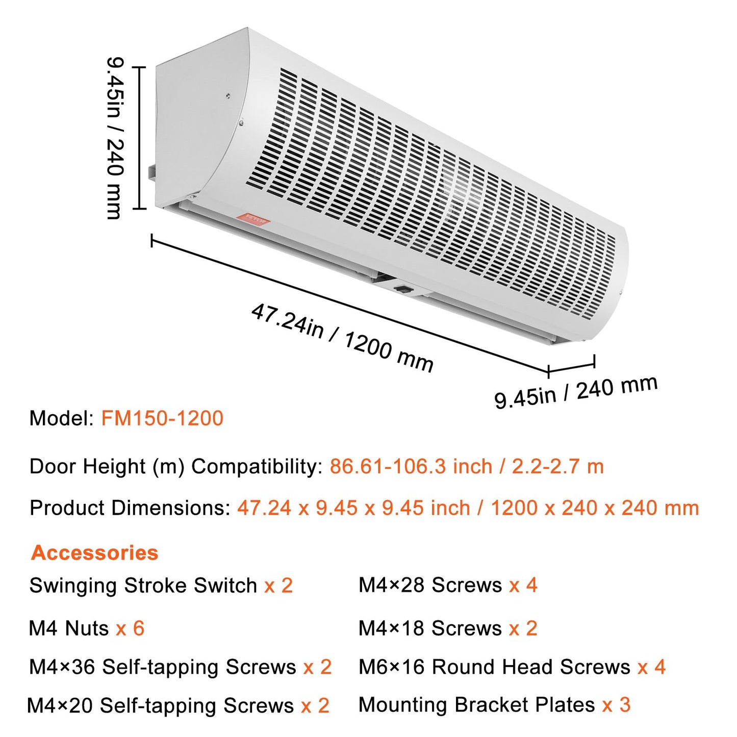 48" Commercial Indoor Air Curtain Super Power 2 Speeds 1650CFM, Wall Mounted Air Curtains for Doors, Indoor Over Door Fan with Heavy Duty Limit Switch, Easy-Install 110V Unheated