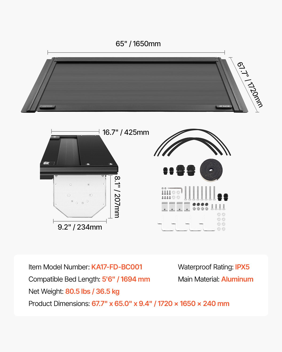 Retractable Tonneau Cover, 5.5 ft Hard Retractable Tonneau Cover with Built-in Drainage Pipe for 2009-2024 Ford F-150 Crew Cab , Customized Hard Tonneau Cover with Double-Lock & T-Slot