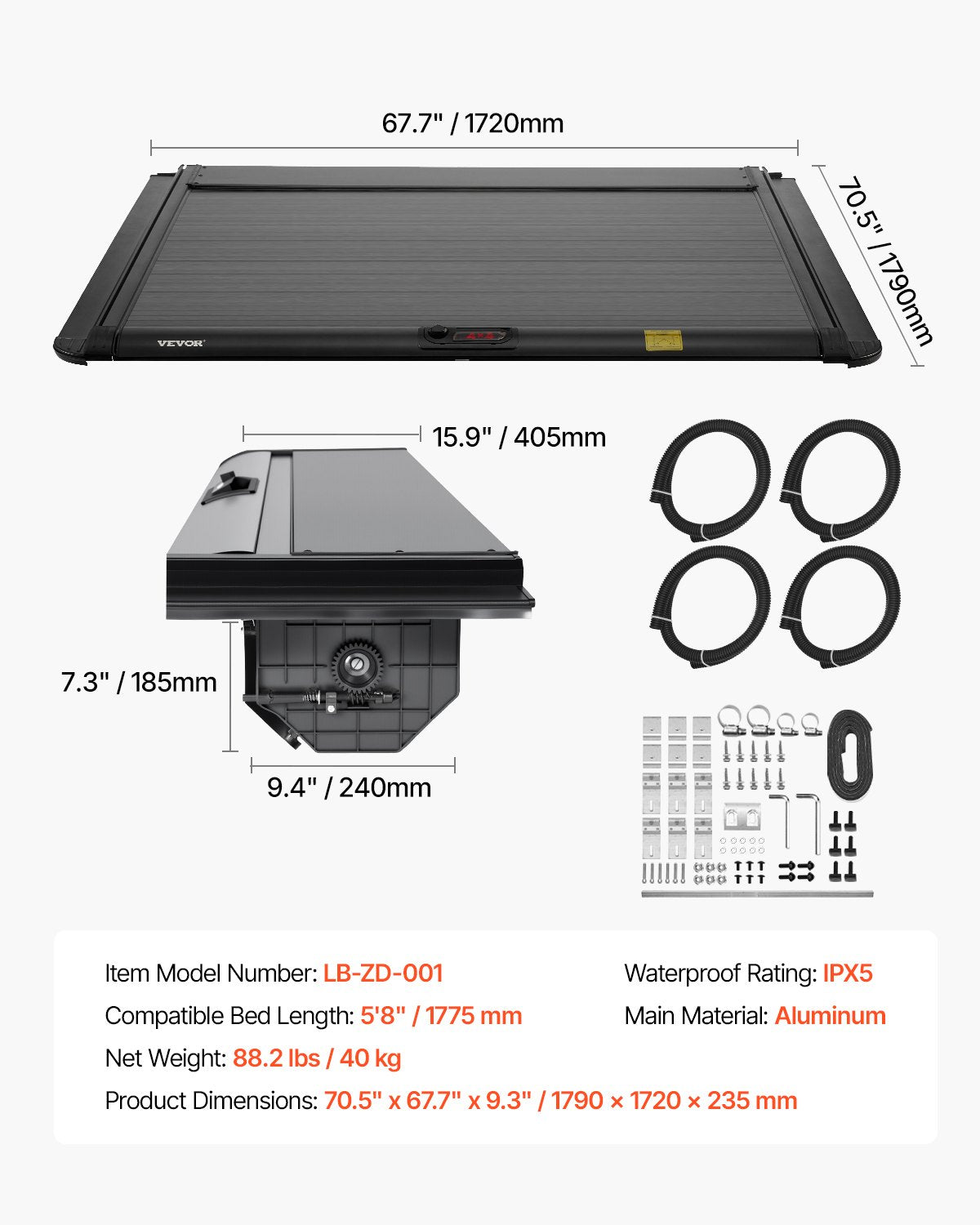 Retractable Tonneau Cover, 5.8 ft Hard Tonneau Cover with Built-in Drainage Pipe for 2021-2024 Chevy/GMC Silverado/Sierra 1500 Crew Cab, Customized Hard Tonneau Cover with Double-Lock & T-Slot