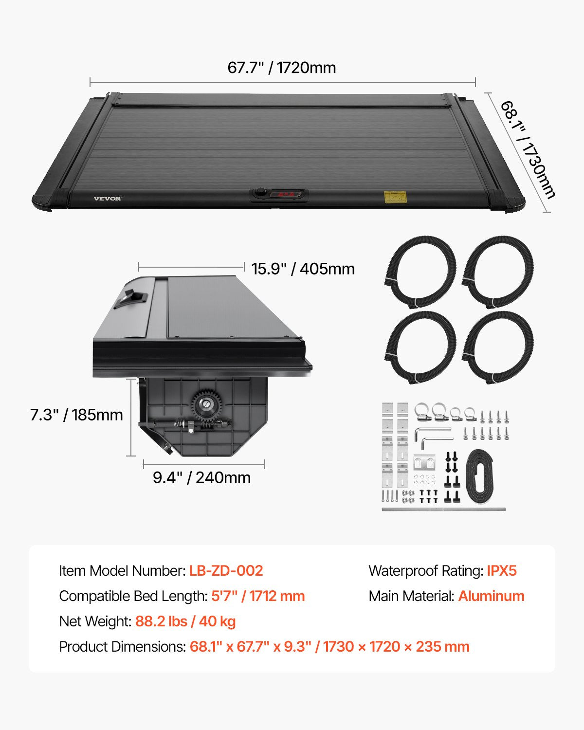 Retractable Tonneau Cover, 5.7 ft Hard Retractable Tonneau Cover with Built-in Drainage Pipe for 2021-2024 Dodge Ram 1500 Crew Cab , Customized Hard Tonneau Cover with Double-Lock & T-Slot