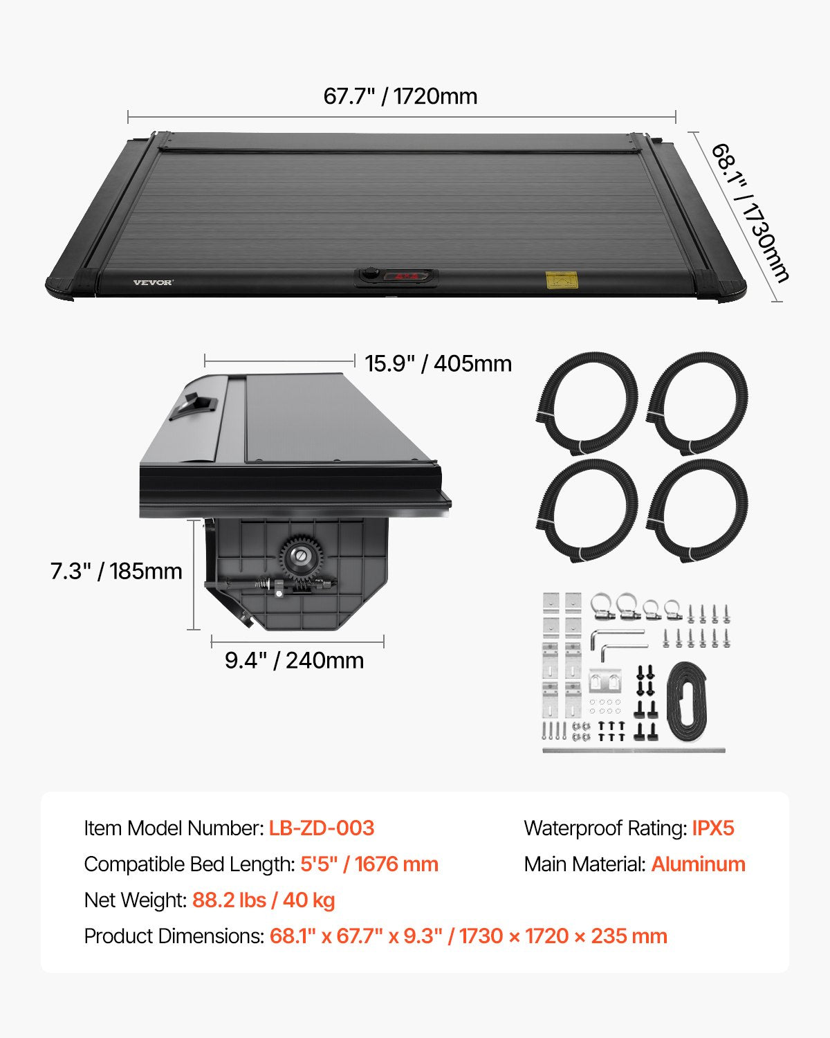 Retractable Tonneau Cover, 5.5 ft Hard Retractable Tonneau Cover with Built-in Drainage Pipe for 2021-2024 Ford F-150 Crew Cab , Customized Hard Tonneau Cover with Double-Lock & T-Slot