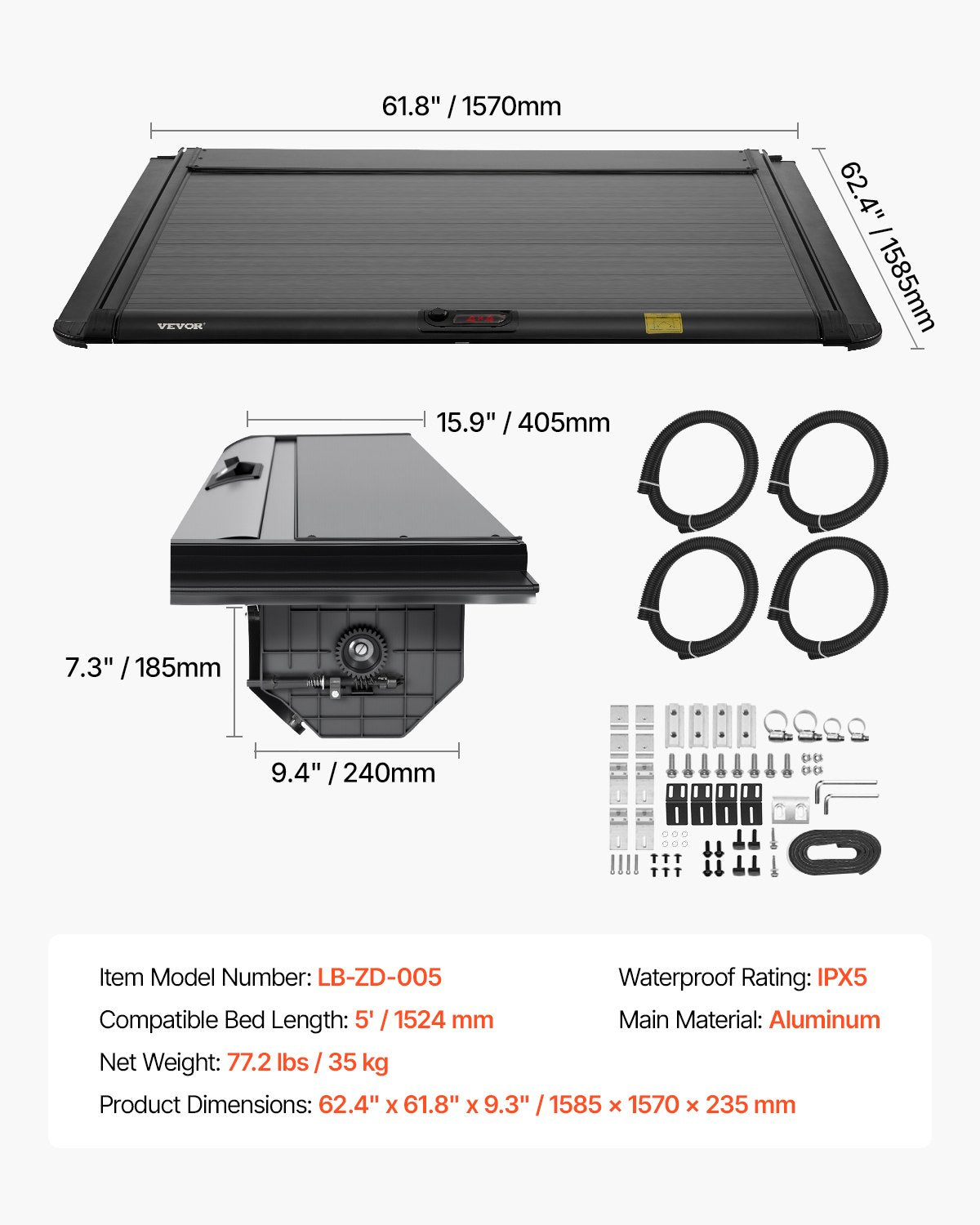Retractable Tonneau Cover, 5.0 ft Retractable Tonneau Cover with Built-in Drainage Pipe for 2021-2024 Toyota Tacoma Crew Cab w/ Deck Rail System , Hard Tonneau Cover with Double-Lock & T-Slot