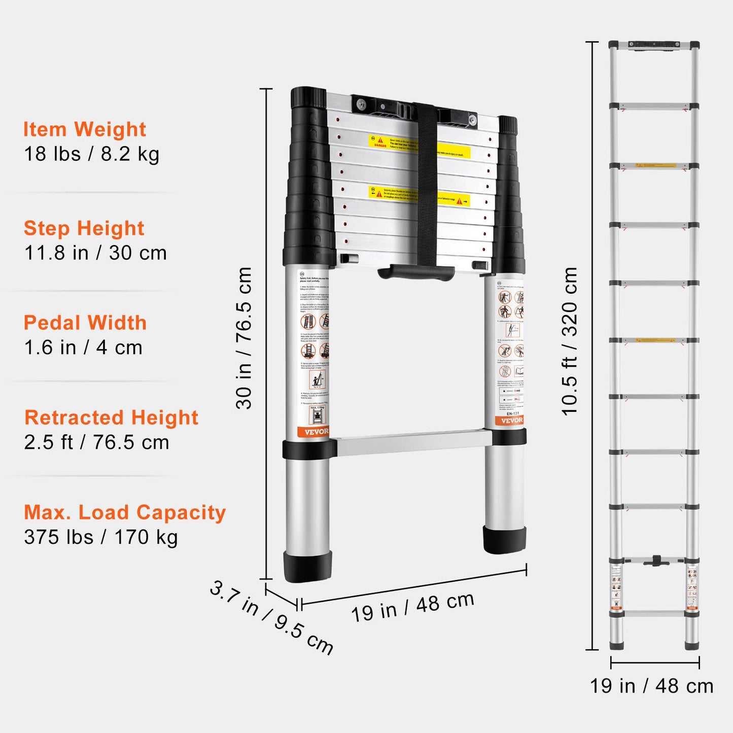 Telescoping Ladder, 10.5 FT Aluminum One-button Retraction Collapsible Extension Ladder, 375 LBS Capacity with Non-slip Feet, Portable Multi-purpose Compact Ladder for Home, RV, Loft, ANSI Liste