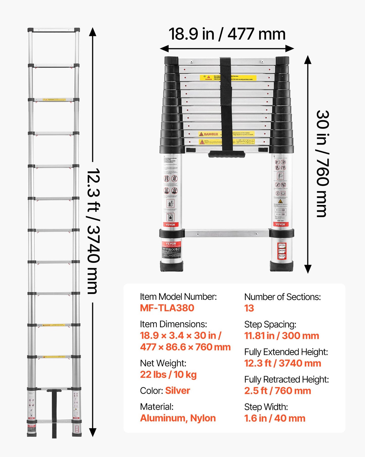 12.5ft Telescoping Ladder, Aluminum Lightweight Multi-Purpose Collapsible Extension, One-Touch Retraction Ladder, Heavy Duty 330LBS Max Capacity with Non-Slip Feet, for Home, Outdoor Work, Loft