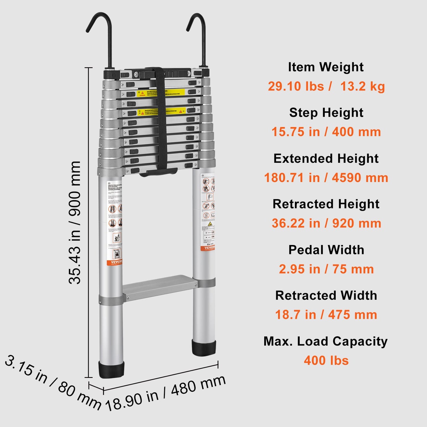 Telescoping Ladder, 15 FT Aluminum Mutil-button Retraction Collapsible Extension Ladder, 400 LBS Capacity with Non-slip Feet, Portable Multi-purpose Compact Ladder for Home, RV, Loft, ANSI Liste