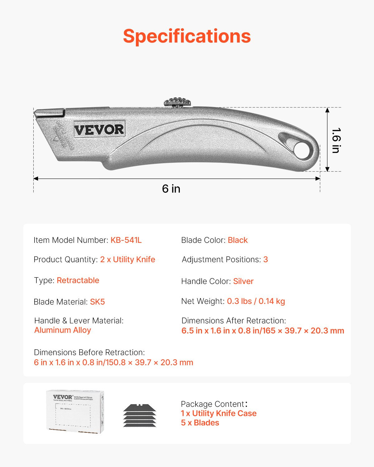 Utility Knife, 2-Pack Retractable Box Cutter, with Aluminum Alloy Case, SK5 Blades and Handle, 3-Position Blade, 5 Blades, Heavy Duty Box Cutter for Leather, Card Board, Rubber Cables, Silver