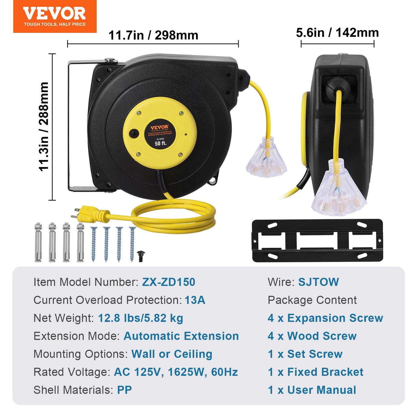 Retractable Extension Cord Reel, 50 FT, Heavy Duty 14AWG/3C SJTOW Retractable Power Cord with Lighted Triple Tap Outlet, 13 Amp Circuit Breaker 180° Swivel Bracket for Ceiling or Wall Mount