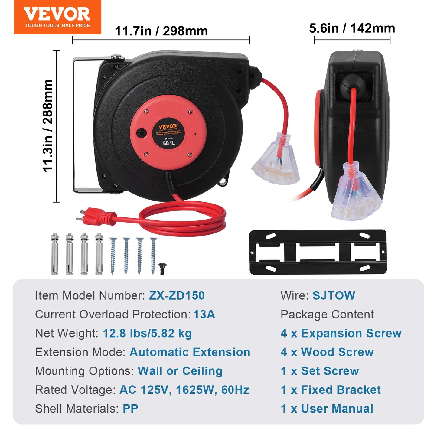 Retractable Extension Cord Reel, 50 FT, Heavy Duty 14AWG/3C SJTOW Retractable Power Cord with Lighted Triple Tap Outlet, 13 Amp Circuit Breaker 180° Swivel Bracket for Ceiling or Wall Mount