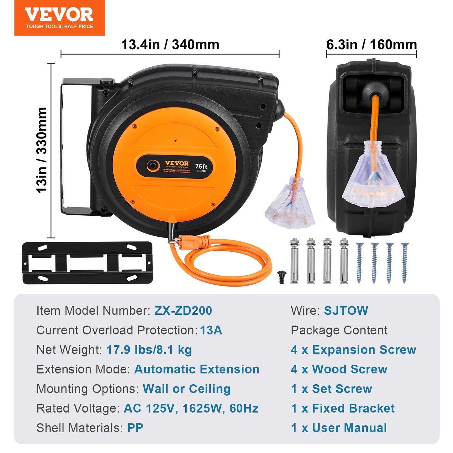 Retractable Extension Cord Reel, 75 FT, Heavy Duty 14AWG/3C SJTOW Retractable Power Cord with Lighted Triple Tap Outlet, 13 Amp Circuit Breaker 180° Swivel Bracket for Ceiling or Wall Mount