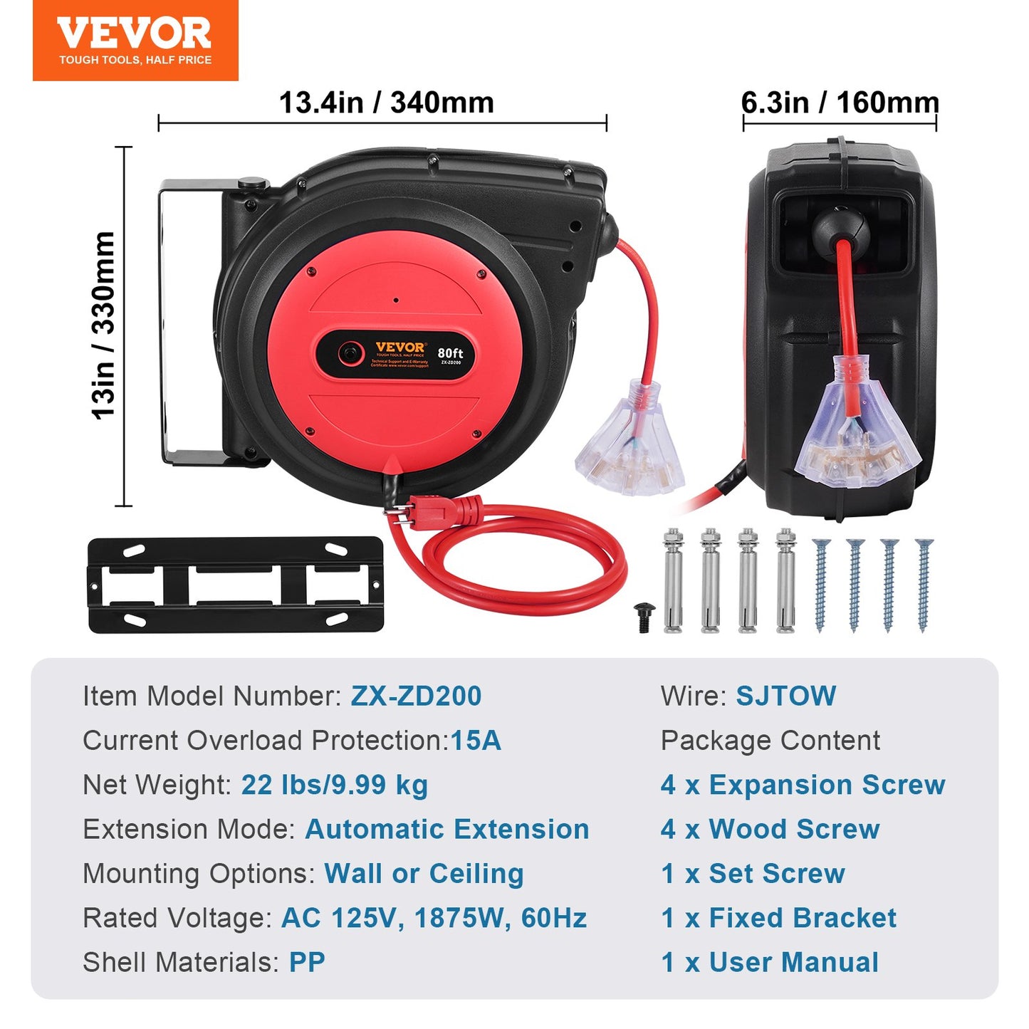 Retractable Extension Cord Reel, 80 FT, Heavy Duty 12AWG/3C SJTOW Retractable Power Cord with Lighted Triple Tap Outlet, 15 Amp Circuit Breaker 180° Swivel Bracket for Ceiling or Wall Mount