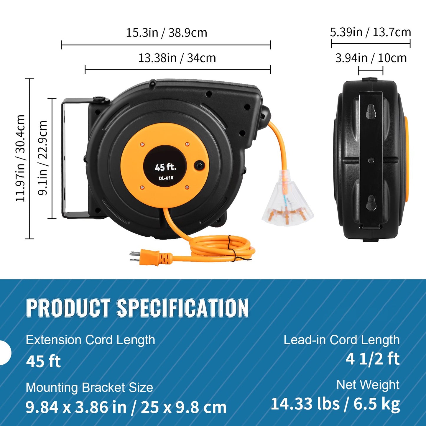 Retractable Extension Reel, Heavy Duty 12AWG/3C SJTOW Power Cord 45 FT 12AWG, Black Tested toStandards