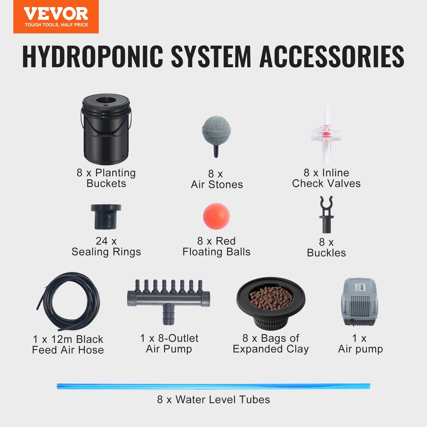 DWC Hydroponic System, 5 Gallon 8 Buckets, Deep Water Culture Growing Bucket, Hydroponics Grow Kit with Pump, Air Stone and Water Level Device, for Indoor/Outdoor Leafy Vegetables