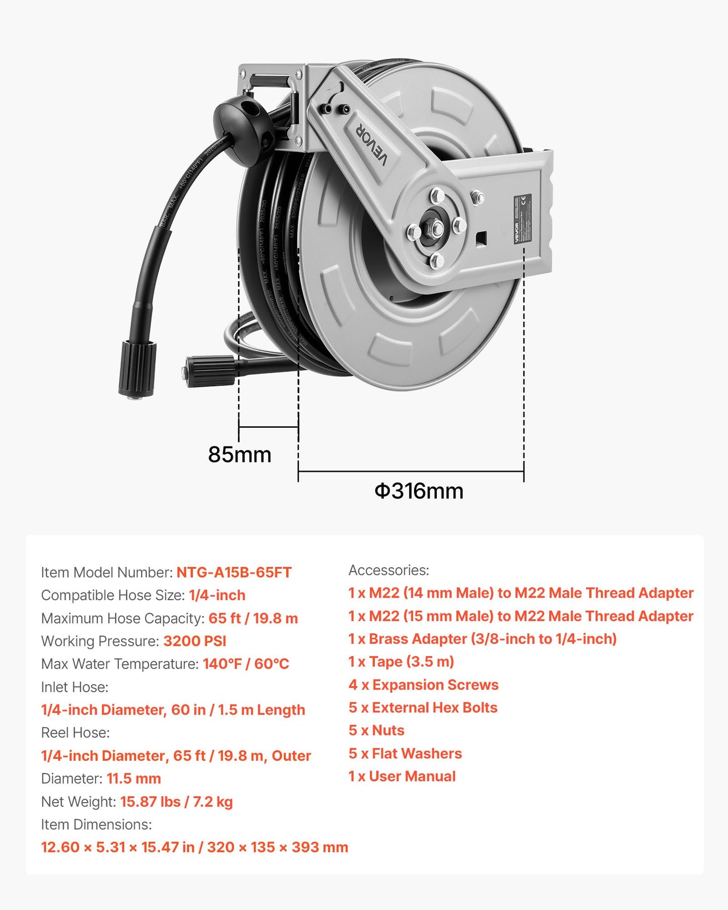 Pressure Washer Hose Reel, 65 ft x 1/4 inch Retractable Power Heavy-Duty Steel Washer Hose Reel, 3200PSI Max, Auto-Rewinding, Flexible Wall/Floor Mounted for Car Washing,Garden,Floor Cleaning