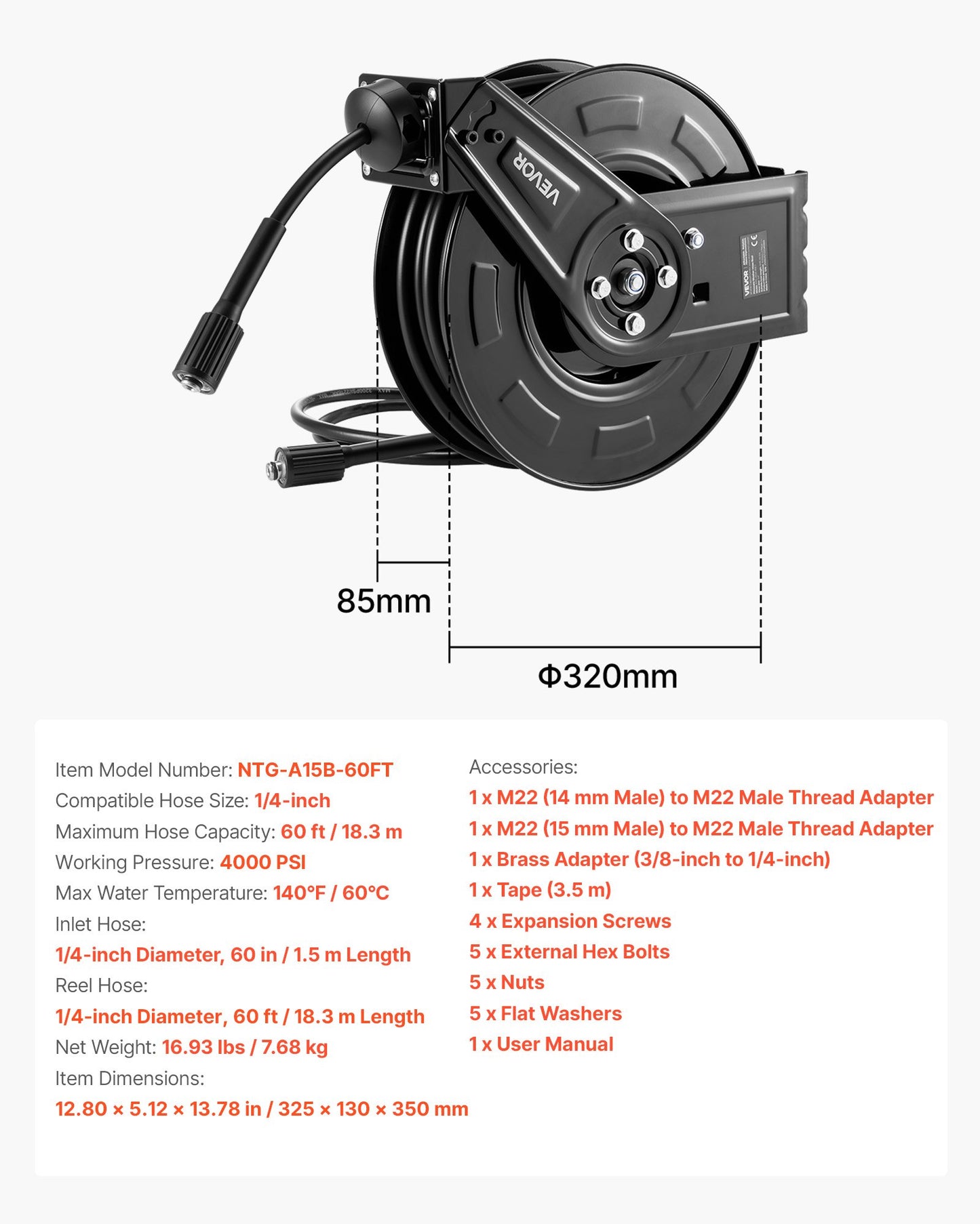 Pressure Washer Hose Reel, 60 ft x 1/4 inch Retractable Power Heavy-Duty Steel Washer Hose Reel, 4000PSI Max, Auto-Rewinding, Flexible Wall/Floor Mounted for Car Washing,Garden,Floor Cleaning