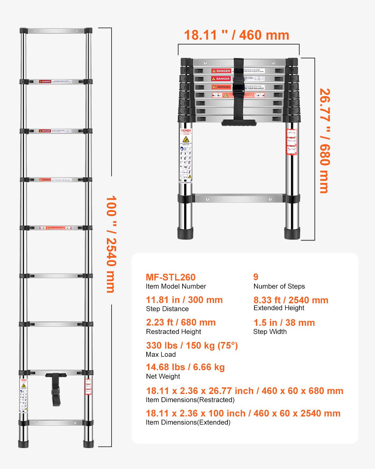 Telescoping Ladder, 8.5ft Stainless Steel Lightweight Extension Ladder, Multi-Button Retraction Collapsible Ladders, 330LBS Capacity & Non-Slip Feet, Portable 9-Step Ladders for Home, RV, Loft