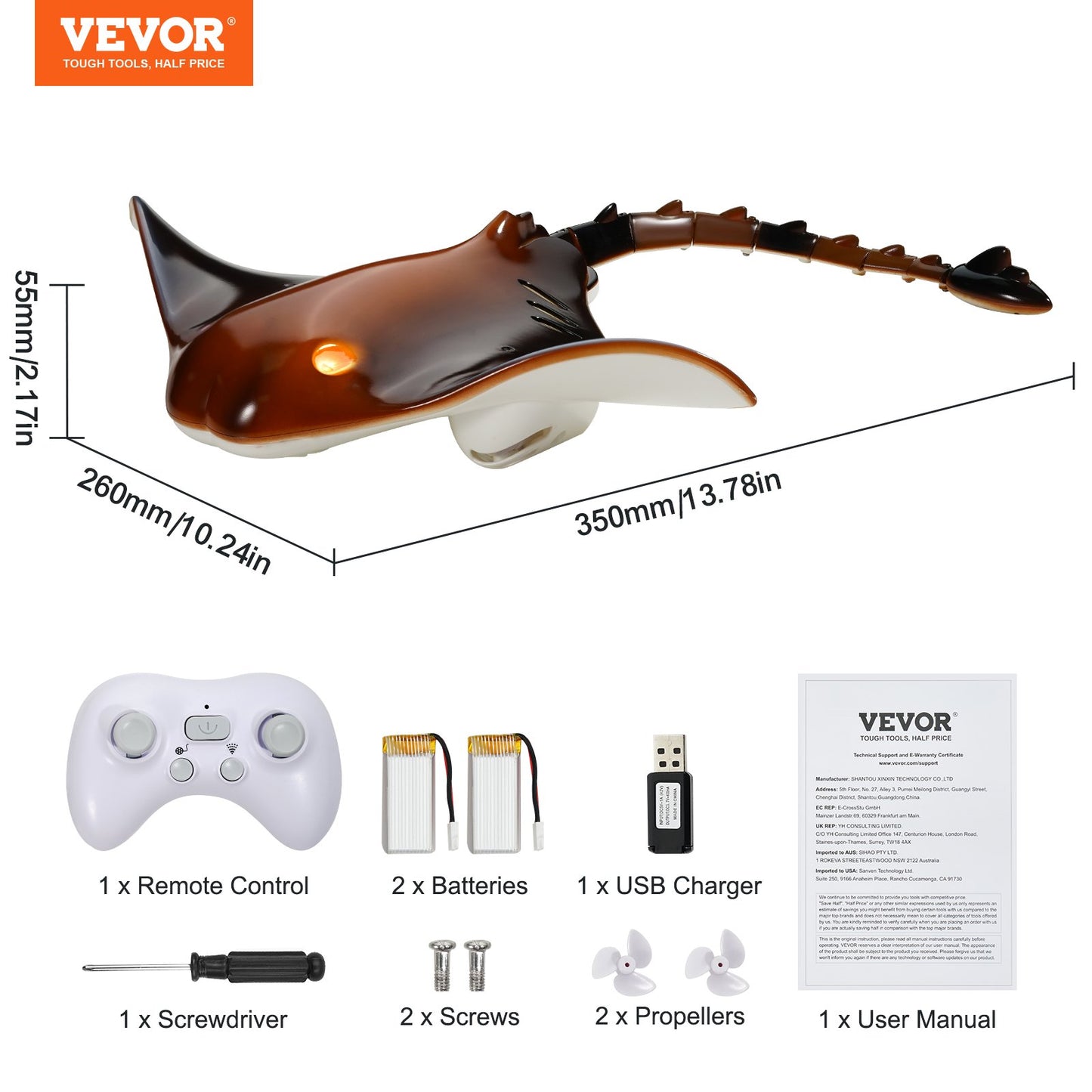 Remote Control Manta Ray Toy, 2.4GHz High Simulation Robot Manta Ray with Light, 2 Rechargeable Batteries, for Pool, Bathtub or Lake, Swimming RC Boat Toy for 6+ Year Old Boys and Girls Gift