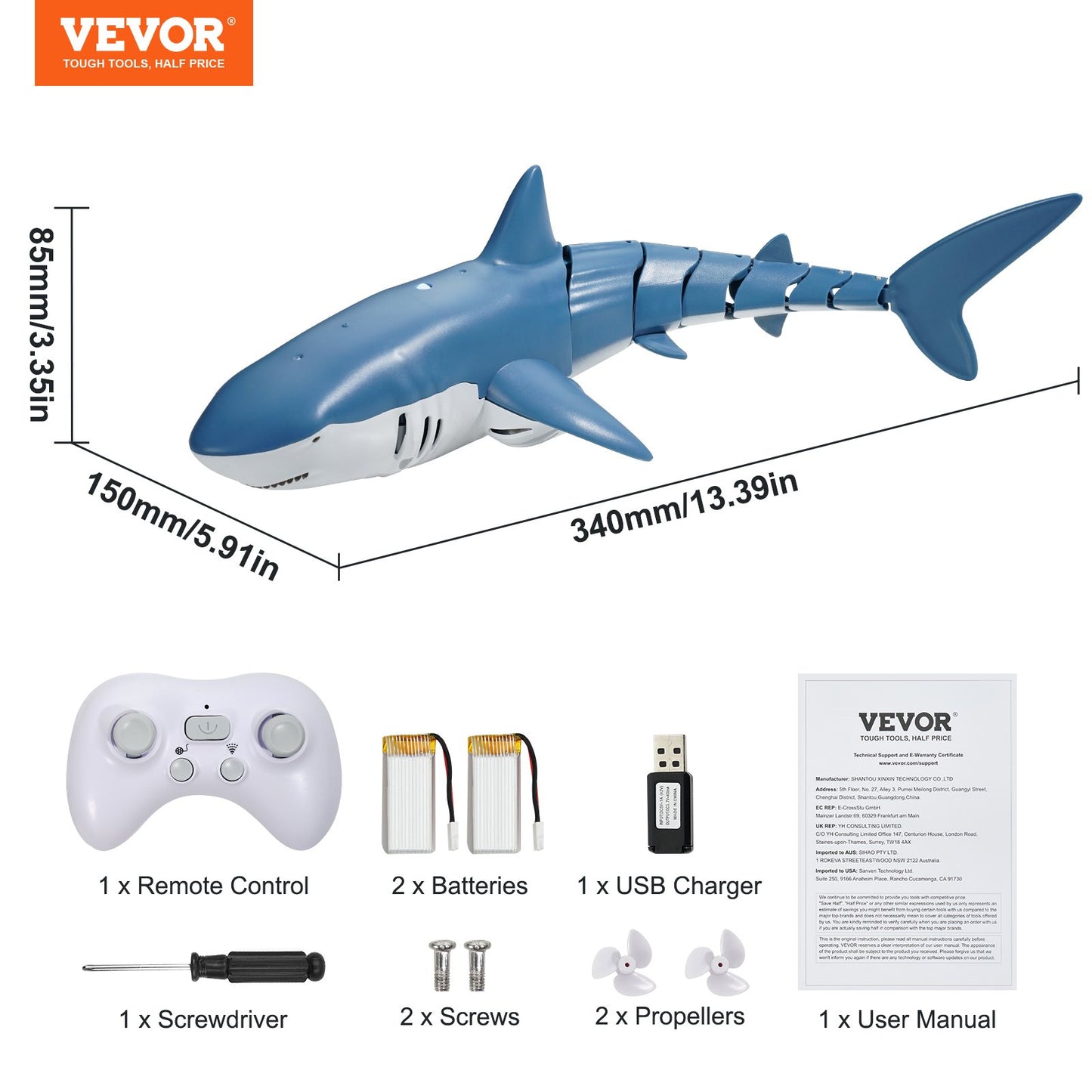 Remote Control Shark Toy, 2.4GHz High Simulation Shark RC Boat for Swimming Pool Bathroom, Electric RC Shark Fish Toy with 2 Batteries, Light & Spray Water Function for 6+ Year Old Boys & Girls